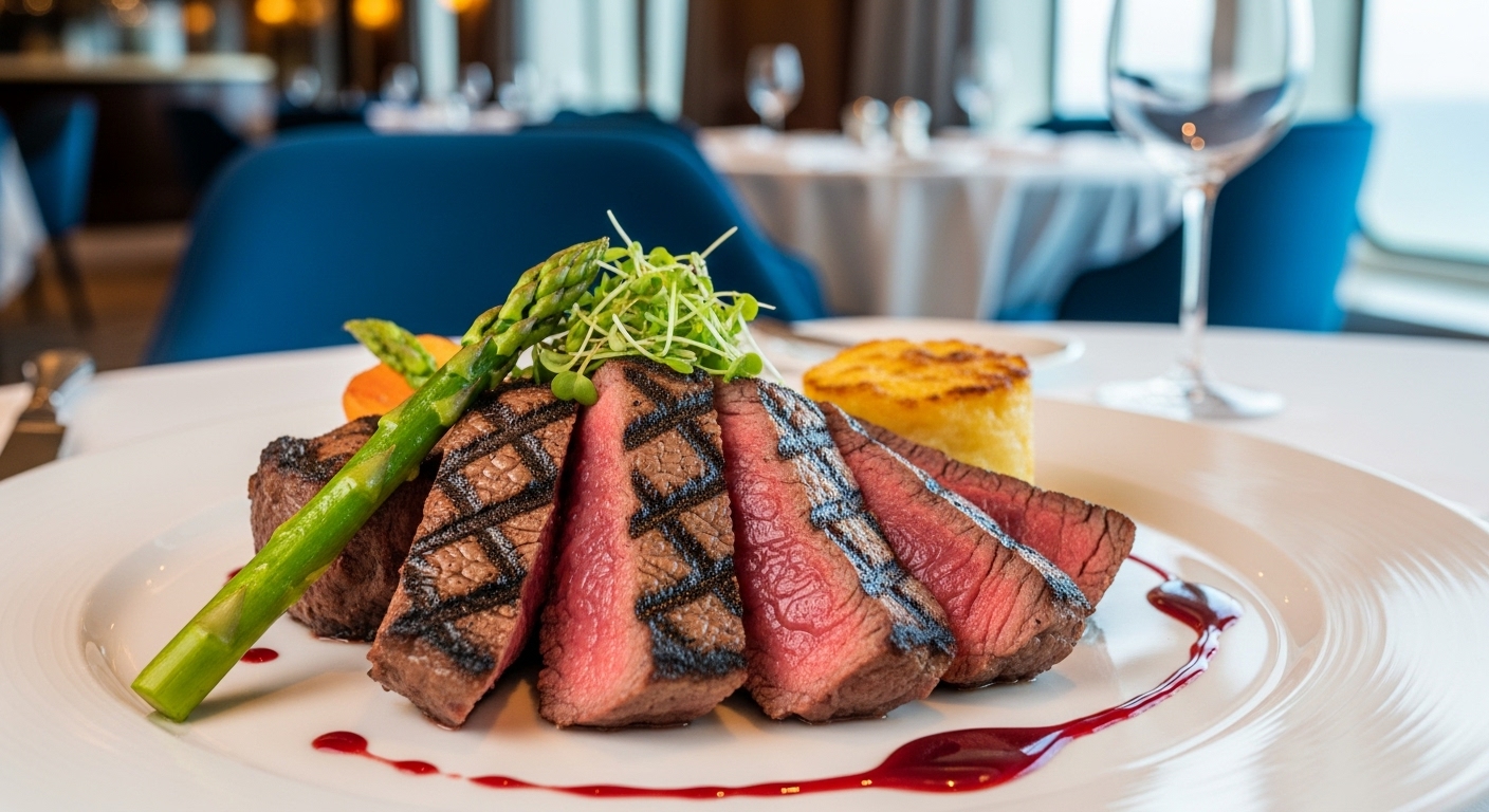 A perfectly plated and elegant dinner entree of grilled sirloin steak is served in the Thistle Restaurant dining room of the Villa Vie Odyssey.