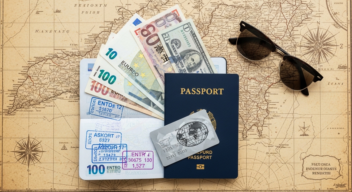 A flat-lay image showing a passport, foreign money, and a credit card, symbolizing financial planning for world travel.