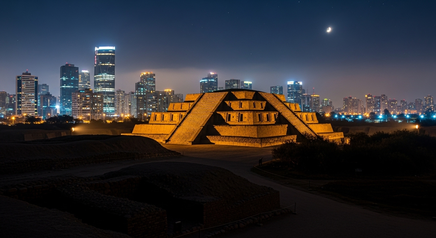 The ancient adobe pyramid of Huaca Pucllana is illuminated at night, contrasting with the modern skyscrapers of Lima, Peru in the background.