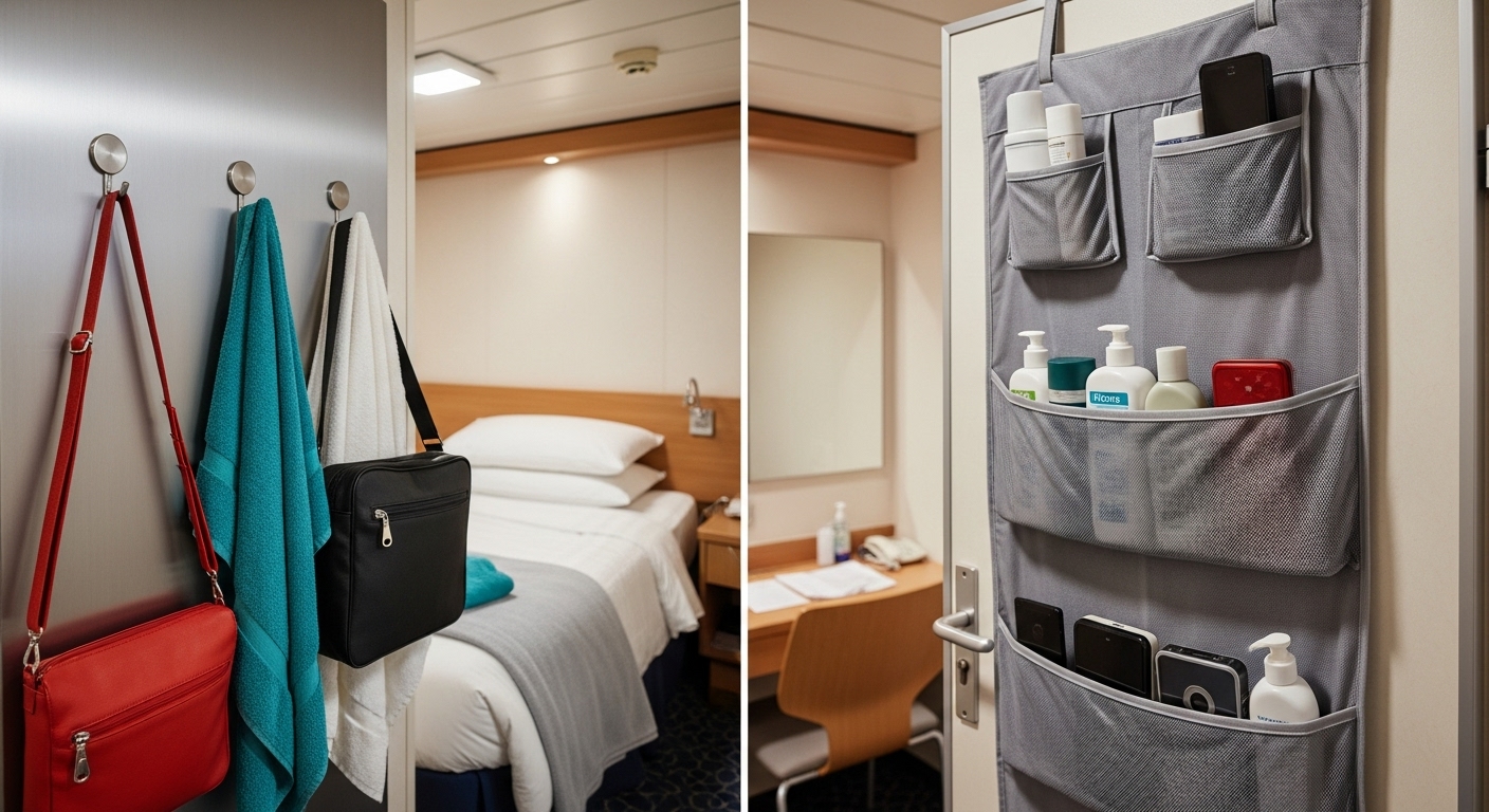 Creative storage solutions inside a small cruise ship cabin, showing an over-the-door organizer and magnetic hooks.