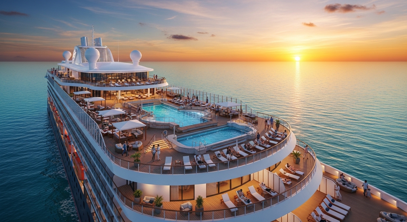 A luxury residential cruise ship sailing into the sunset, with residents relaxing on its decks, a stark contrast to the crowds of a traditional vacation cruise.