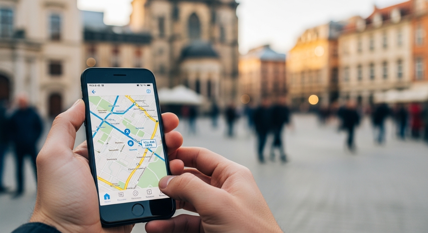 A traveler uses a map on their smartphone in a busy city square, emphasizing situational awareness.