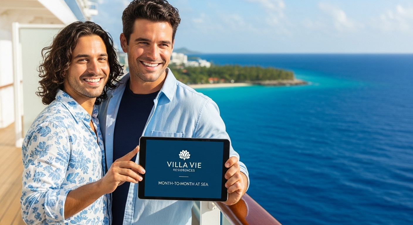 A couple smiling on the Villa Vie Odyssey, with a tablet showing the new month-to-month program, highlighting the joy of residential cruising.