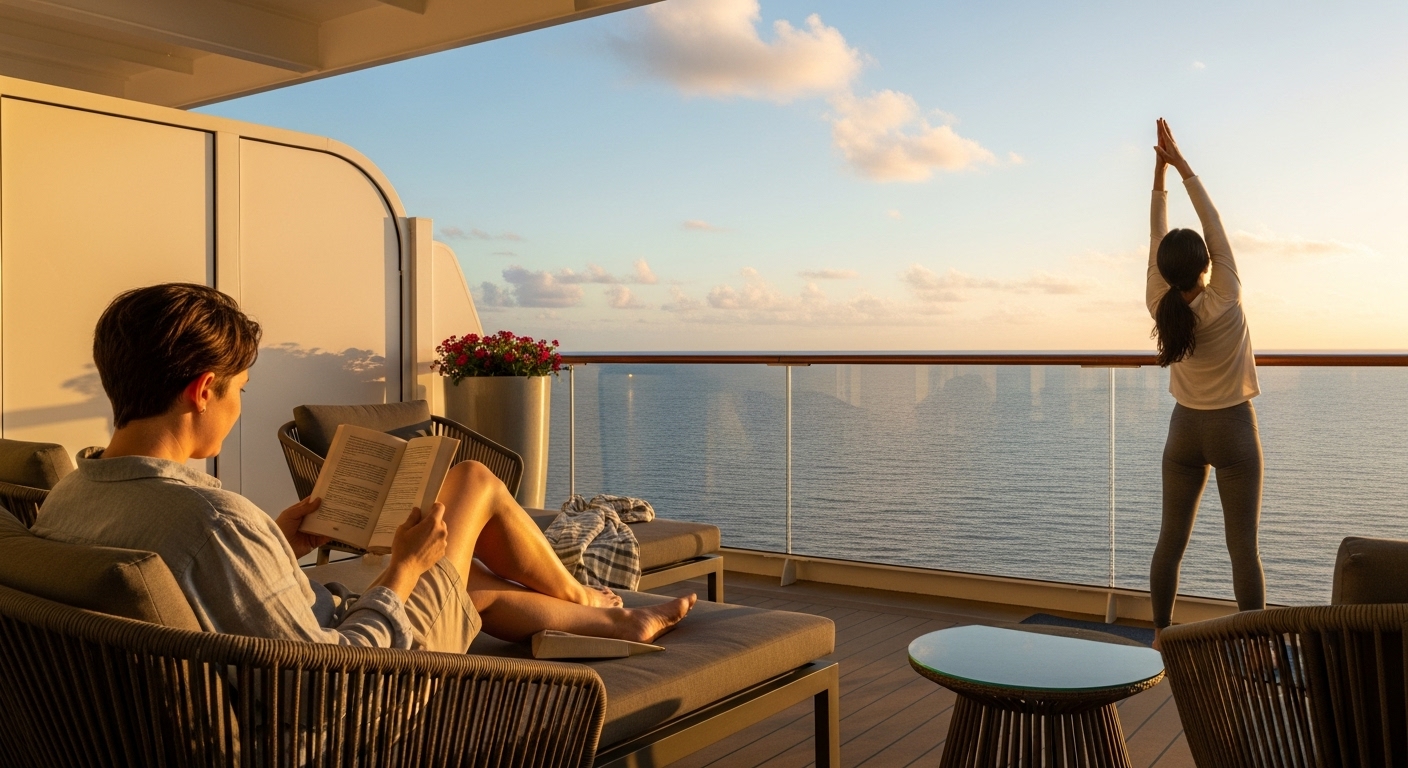 A couple relaxing on their cruise ship balcony, with one person reading and the other stretching, overlooking the ocean.
