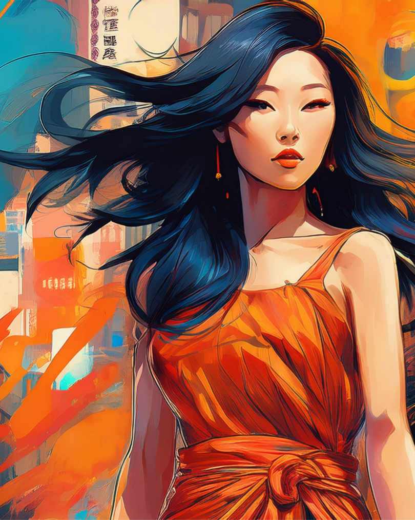Bold spray-paint textures, street-style lettering, and urban energy. The scene features a beautiful Chinese woman wearing a neon orange summer dress, turning her head to look at the camera as she walks forward. Graffiti style, spray paint texture, urban street art, bold mural look