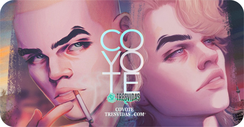 Imagen que es el banner que utilizo en Tapas de Coyote en dos formas: la del pelo corto en el pasado, antes de ser vampiro, fumando, y con el pelo ya largo en mullet cuando lo es. De fondo se ven imágenes de Madrid y de una carretera.