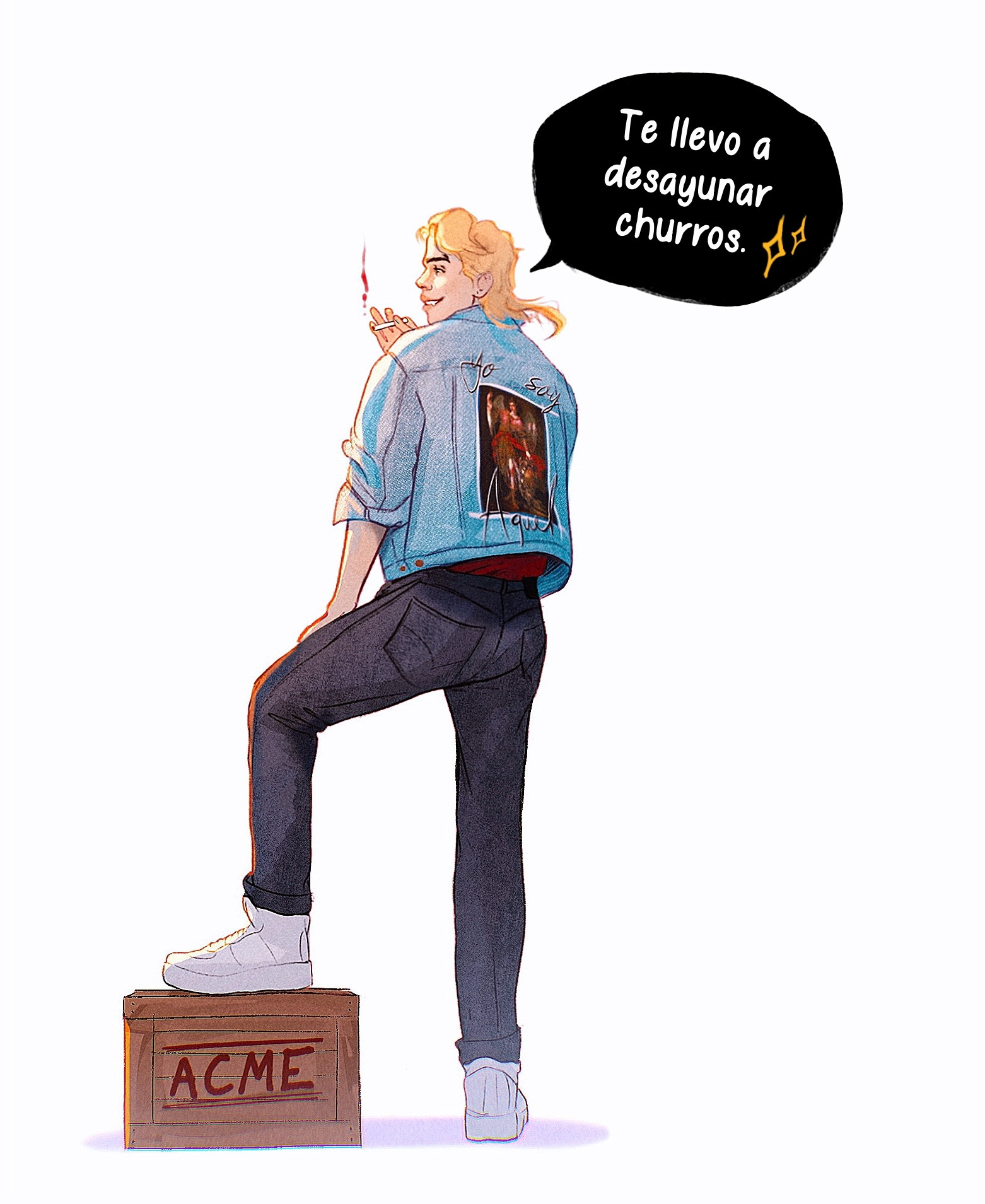 Un dibujo de Coyote, OC y protagonista de mi cómic Coyote Tresvidas, de pie, apoyando un pie sobre una caja que pone ACME y diciendo 