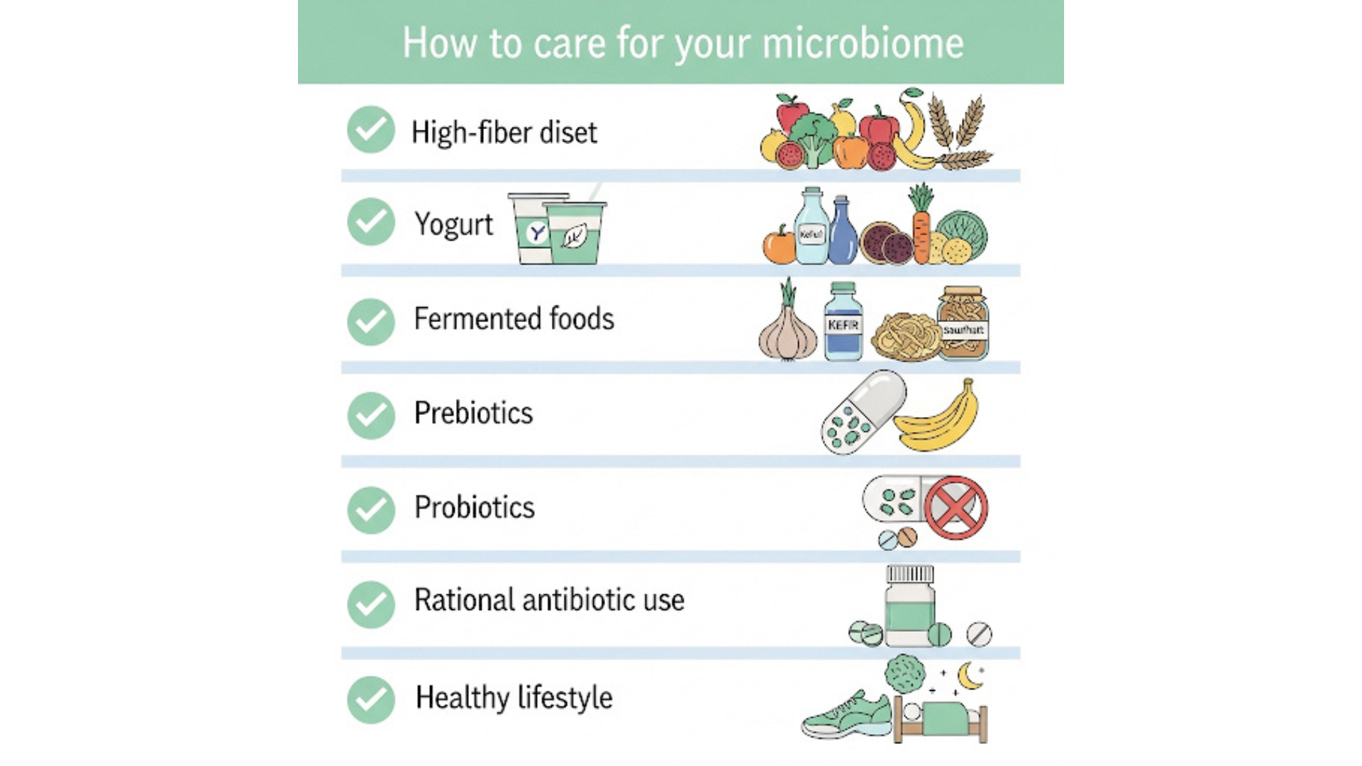 Infografía que muestra como cuidar tu microbiota: ✅ Alimentación rica en fibra: frutas, verduras, legumbres, cereales integrales. ✅ Fermentados: yogur, kéfir, chucrut, kimchi. ✅ Prebióticos: compuestos no digeribles que alimentan a las bacterias beneficiosas. ✅ Probióticos: cepas específicas que pueden mejorar funciones digestivas o inmunitarias. ✅ Ejercicio regular y sueño adecuado ayudan a mantener el equilibrio microbiano. ✅ Uso responsable de antibióticos, solo cuando sean estrictamente necesarios.