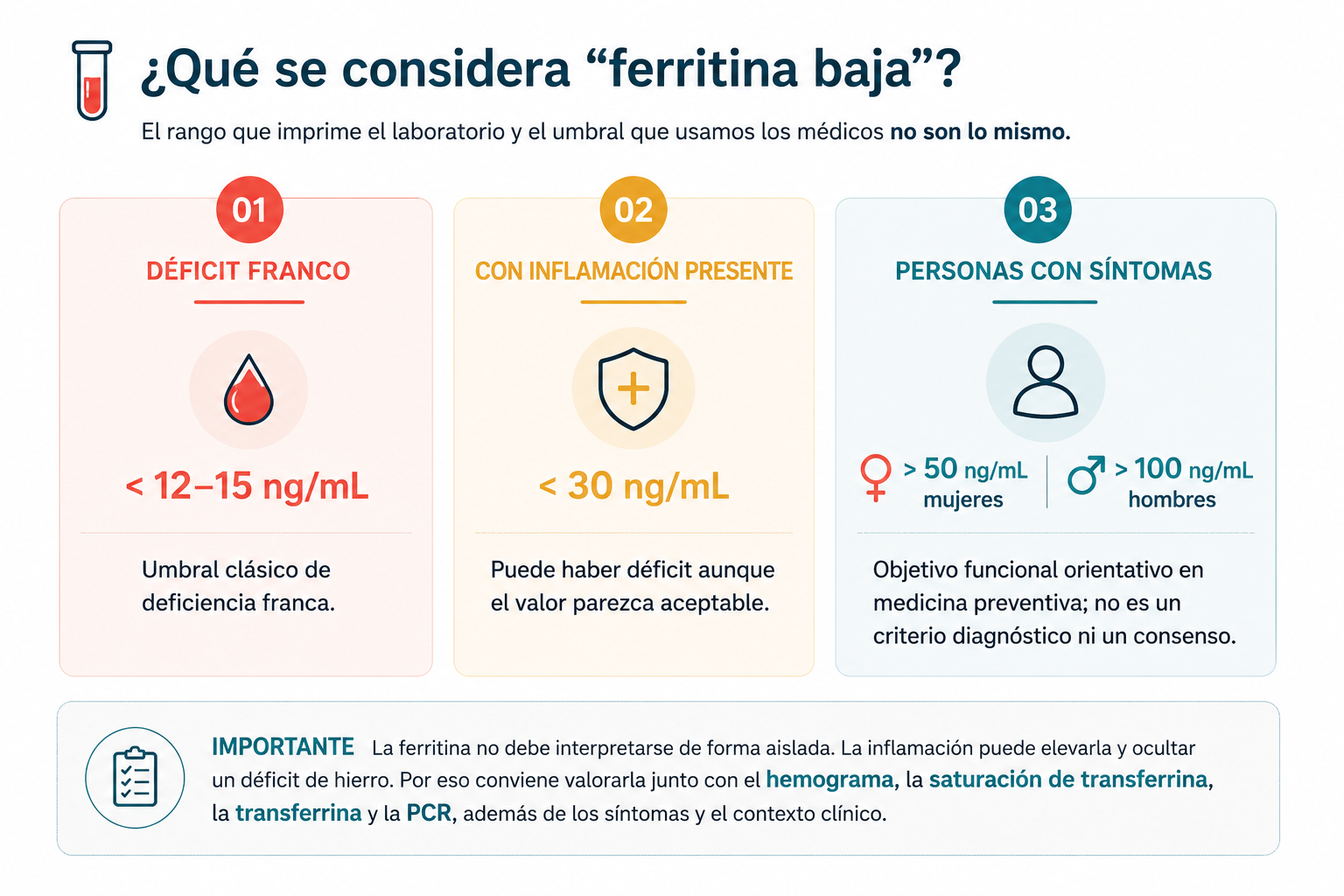 Infografía médica titulada «¿Qué se considera “ferritina baja”?». Presenta tres situaciones: déficit franco con ferritina inferior a 12–15 ng/mL, ferritina inferior a 30 ng/mL cuando existe inflamación y objetivos funcionales orientativos de más de 50 ng/mL en mujeres y más de 100 ng/mL en hombres. Destaca que estos últimos no son criterios diagnósticos ni un consenso. Una nota final recuerda que la ferritina debe interpretarse junto con el hemograma, la saturación de transferrina, la transferrina, la PCR, los síntomas y el contexto clínico.