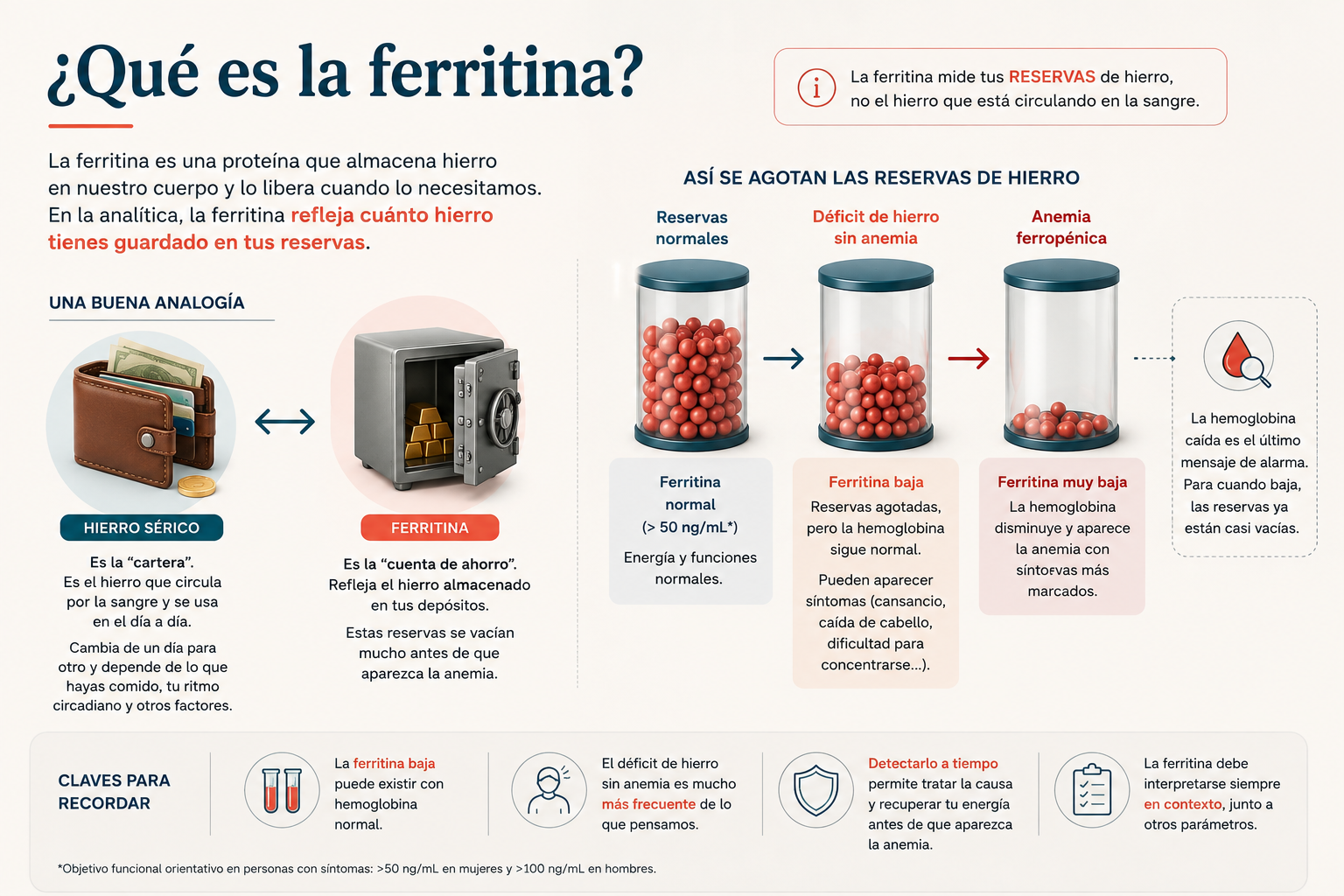 Infografía médica titulada «¿Qué es la ferritina?». Explica que la ferritina es una proteína que almacena hierro y refleja las reservas de hierro del organismo. Compara el hierro sérico, representado como el hierro que circula por la sangre, con la ferritina, representada como las reservas almacenadas. Muestra cómo las reservas de hierro disminuyen desde niveles normales hasta un déficit de hierro sin anemia y posteriormente anemia ferropénica. Destaca que la ferritina puede estar baja aunque la hemoglobina sea normal y que debe interpretarse junto con otros parámetros de la analítica y los síntomas.