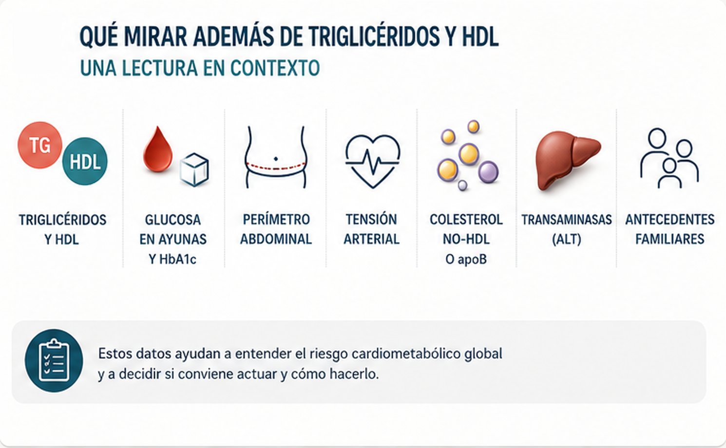 Conjunto de siete marcadores que contextualizan el patrón: triglicéridos y HDL, glucosa en ayunas y HbA1c, perímetro abdominal, tensión arterial, colesterol no-HDL o apoB, transaminasas y antecedentes familiares.