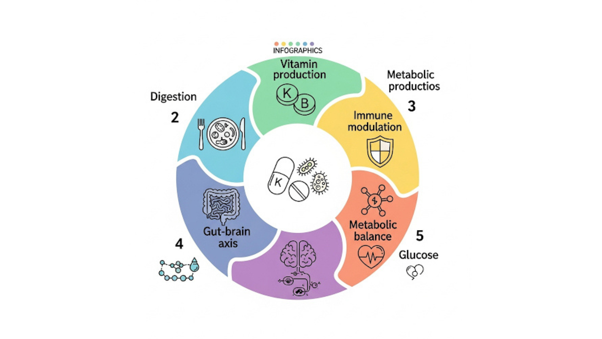 Infigrafia sobre las funciones del microbioma: 🍎 Digestión y metabolismo Descompone fibras y carbohidratos complejos, generando ácidos grasos de cadena corta que nutren la mucosa intestinal y modulan la inflamación (Gulliver ELP et al., 2022).  Participa en la síntesis de vitaminas del grupo B y vitamina K.  🛡 Defensa y barrera intestinal Reforza la barrera intestinal, impidiendo la entrada de patógenos y toxinas.  Compite con microorganismos dañinos, evitando su colonización.  ⚖️ Regulación del sistema inmune Entrena al sistema inmune para responder de manera equilibrada, evitando inflamación excesiva o reacciones autoinmunes.  🧠 Eje intestino-cerebro Influye en estado de ánimo, estrés y sueño mediante neurotransmisores, citoquinas y la producción de serotonina en el intestino (Lynch JB, 2025).  Estudios recientes sugieren una relación con depresión, ansiedad y enfermedades neurodegenerativas.  ❤️ Salud cardiovascular y metabólica La composición de la microbiota modula la resistencia a la insulina, el metabolismo de lípidos y la presión arterial.  Disbiosis puede aumentar el riesgo de obesidad y diabetes tipo 2 (Medscape, 2025).