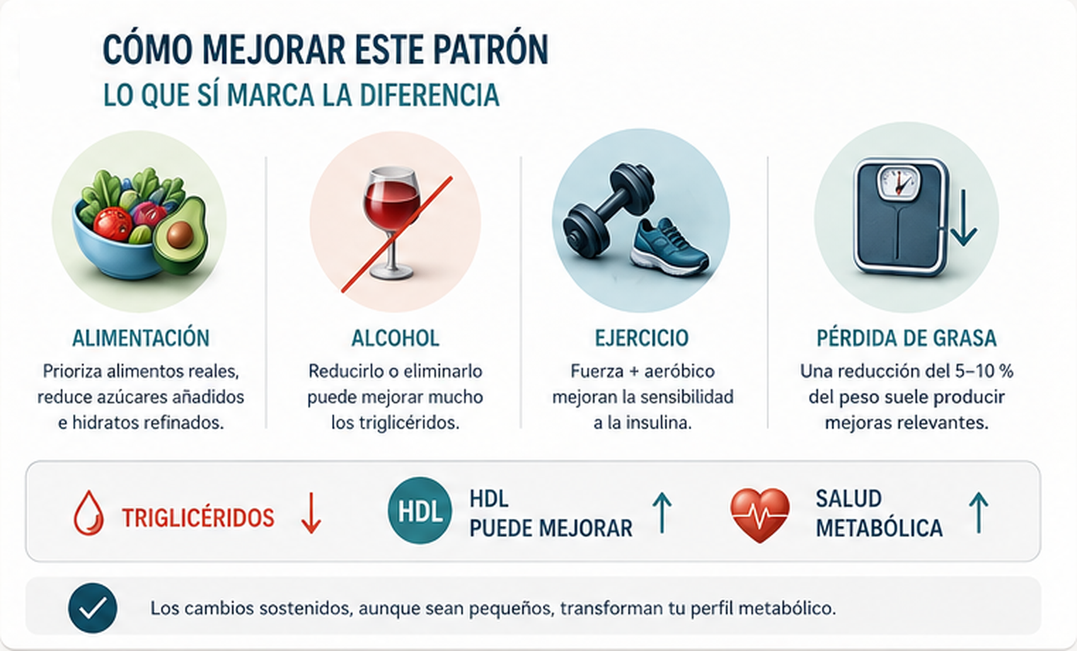 Cuatro medidas para mejorar el patrón: alimentación con menos azúcares añadidos e hidratos refinados, reducción del alcohol, ejercicio de fuerza y aeróbico, y pérdida de grasa del 5-10 % del peso.