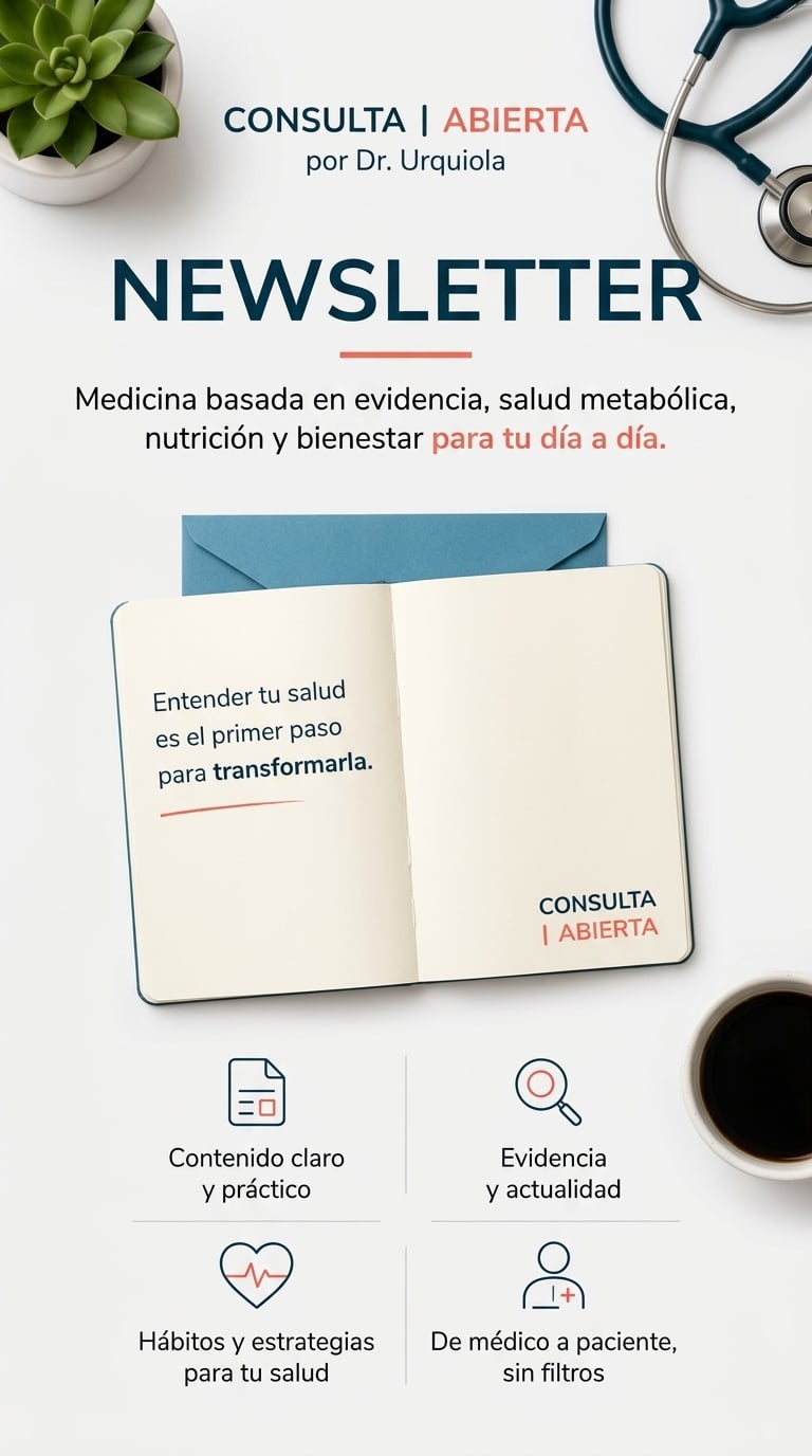 Banner vertical de la newsletter de Consulta Abierta por el Dr. Urquiola. Vista superior de escritorio médico con cuaderno abierto, estetoscopio, taza de café y planta.