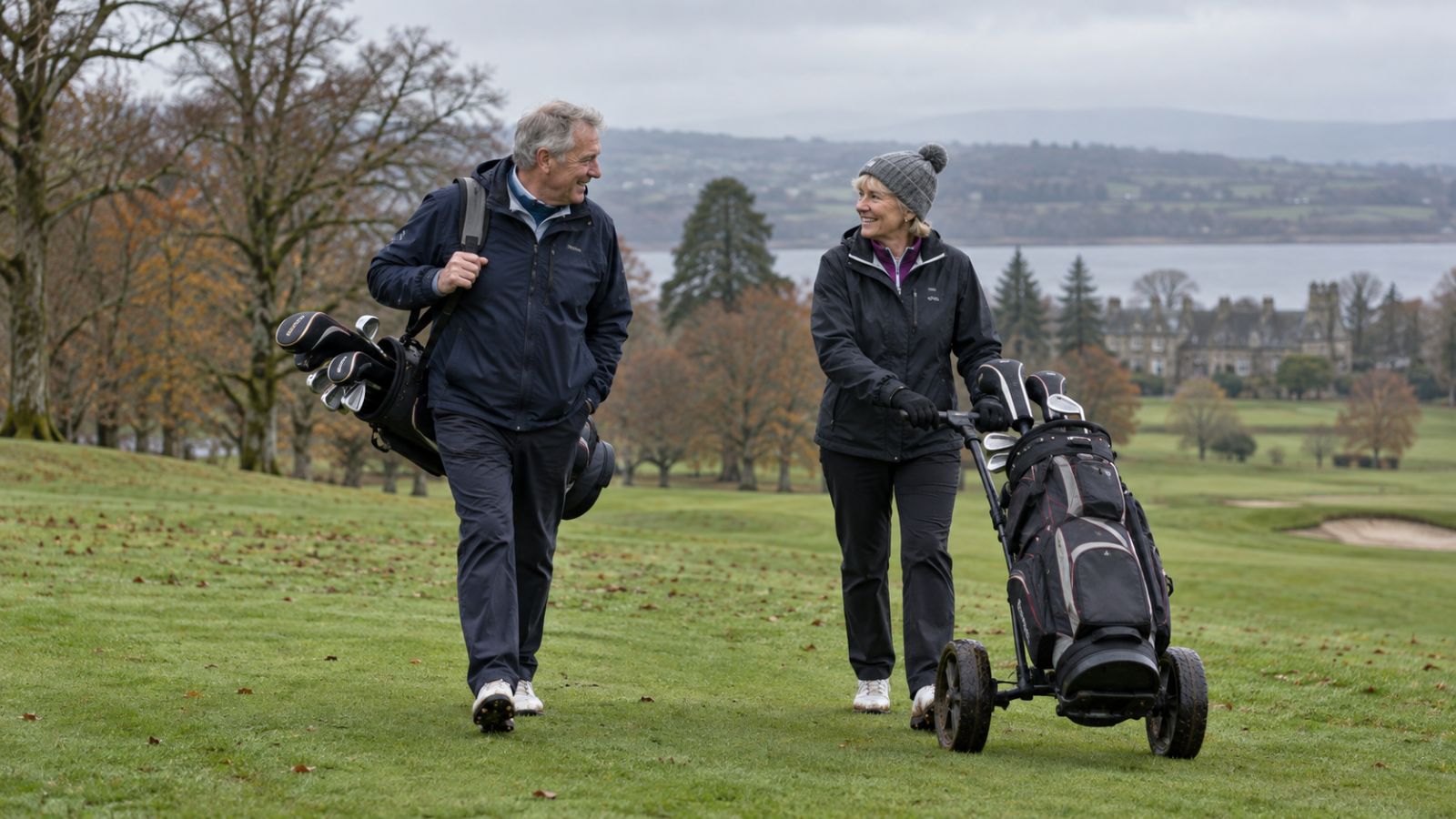 Older male and female golfers walking on a cold British golf course in winter clothing