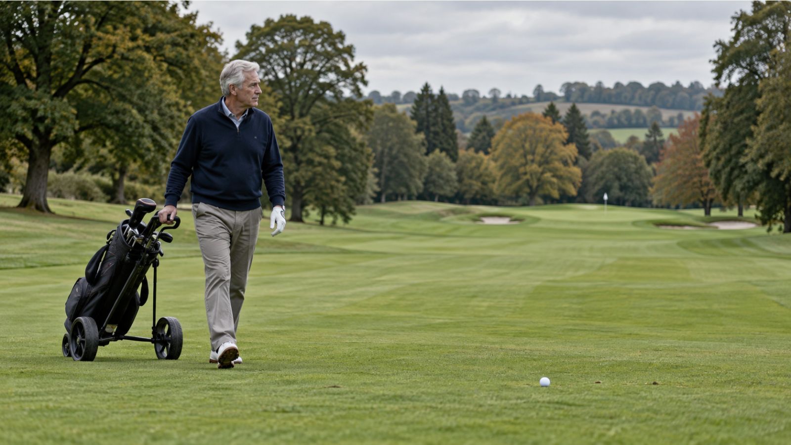 Older golfer walking towards a ball safely in play on a UK fairway