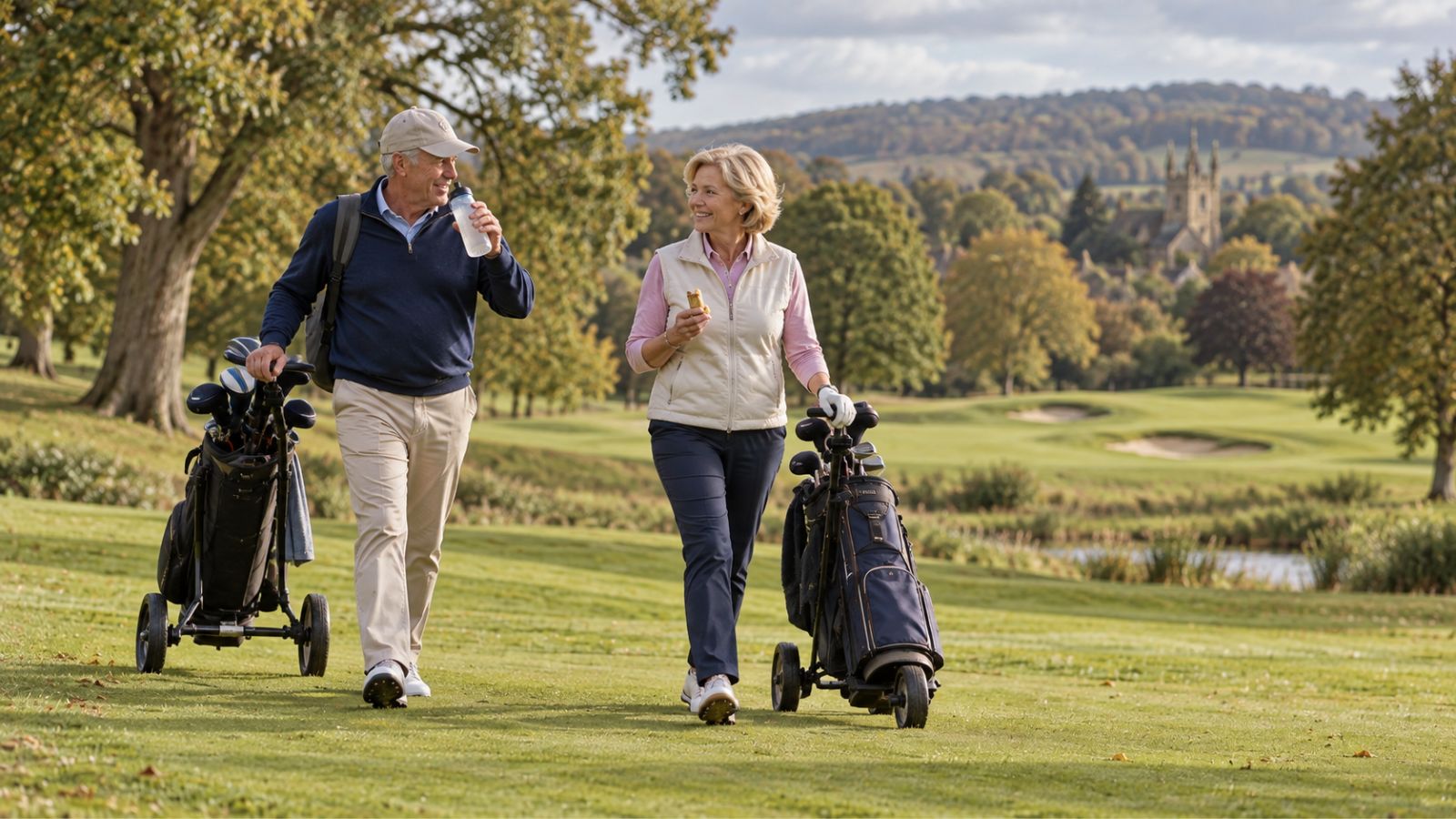 Older golfers walking the course with water and a trolley
