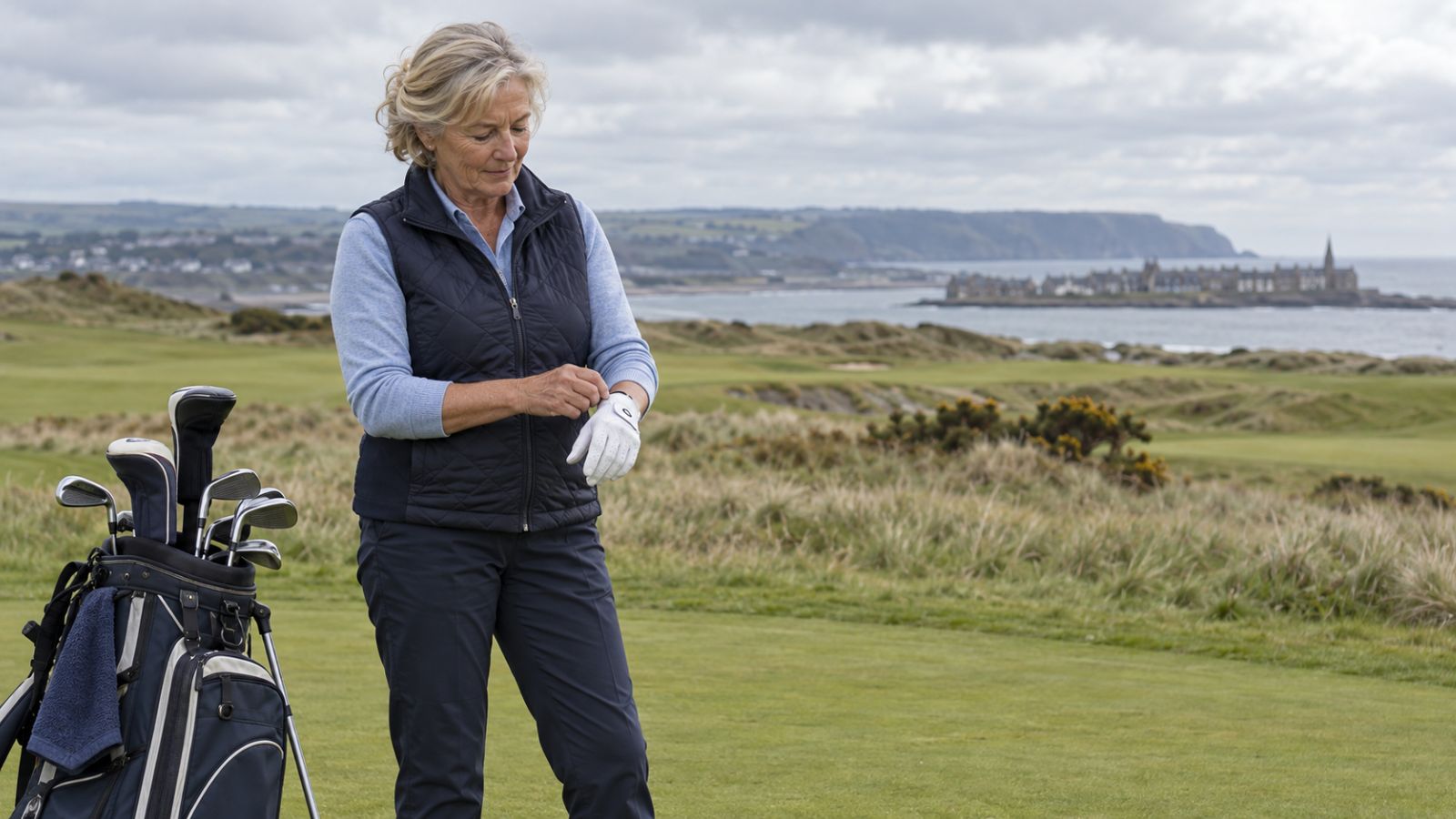 Older female golfer adjusting the fastening on a golf glove