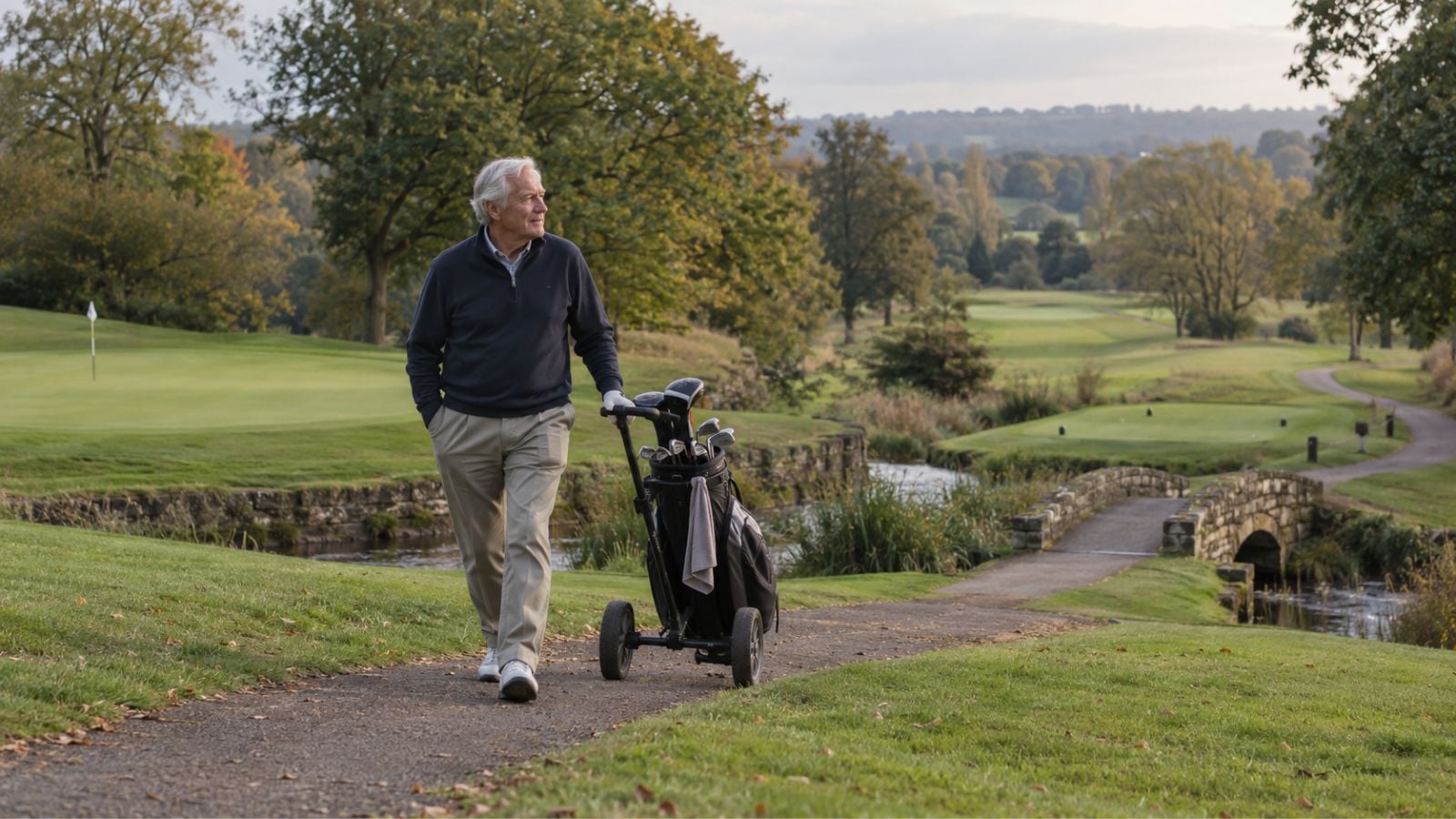 Older golfer walking calmly towards the next tee after finishing a hole