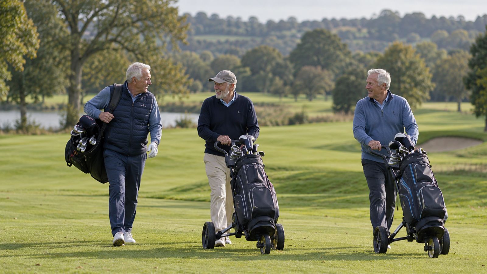 Three older golfers walking together and chatting on a UK fairway