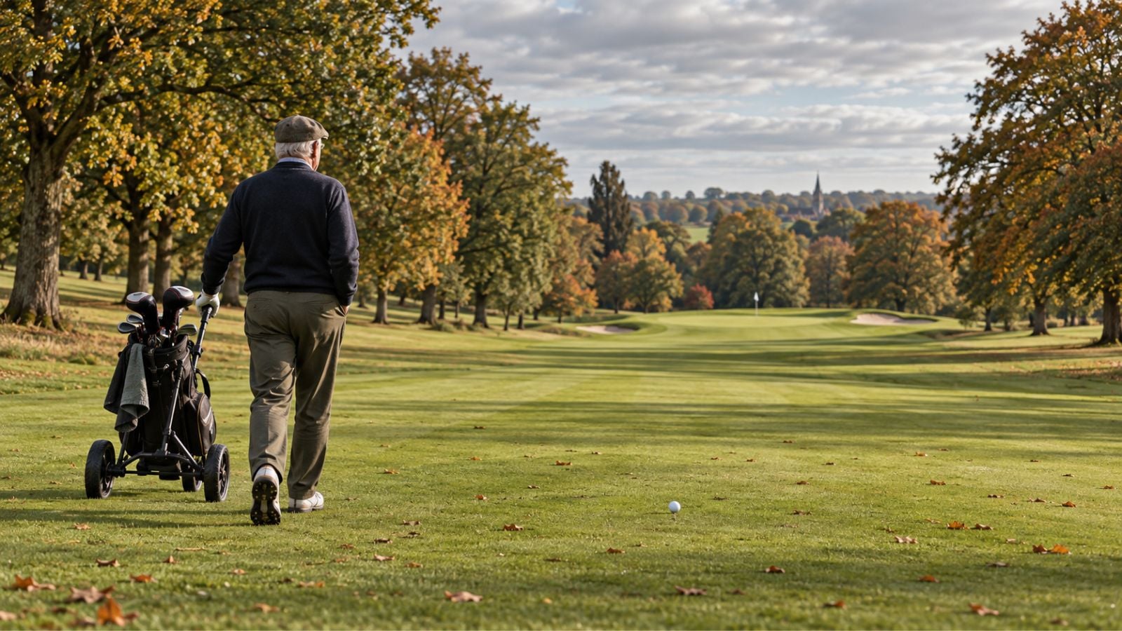 Older golfer walking down a fairway with his trolley on a UK golf course.