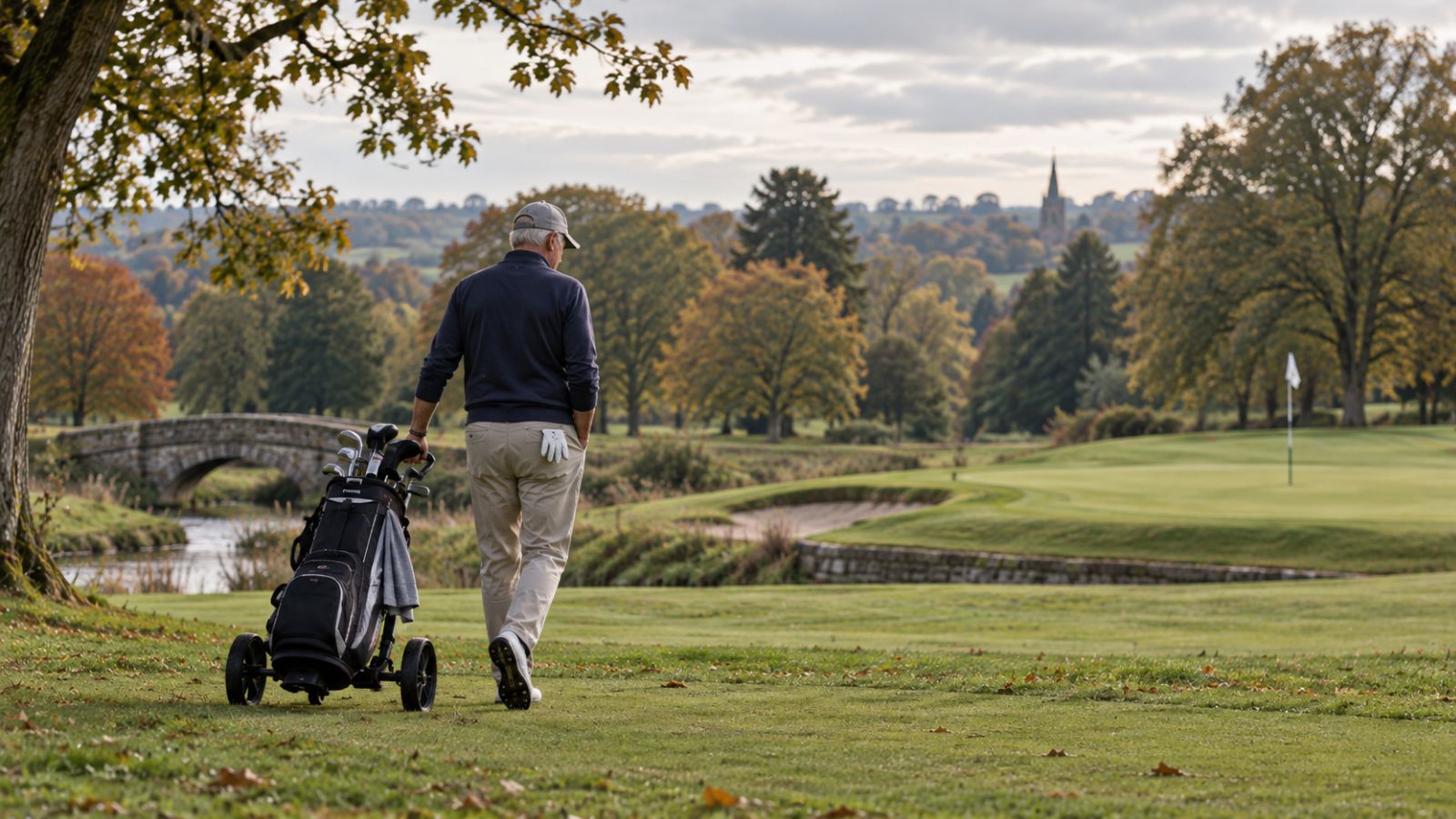 Older golfer walking calmly away after a difficult hole on a UK golf course