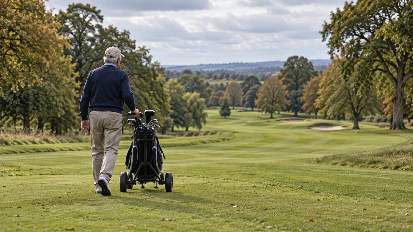 Older golfer walking away from the first tee with a golf trolley