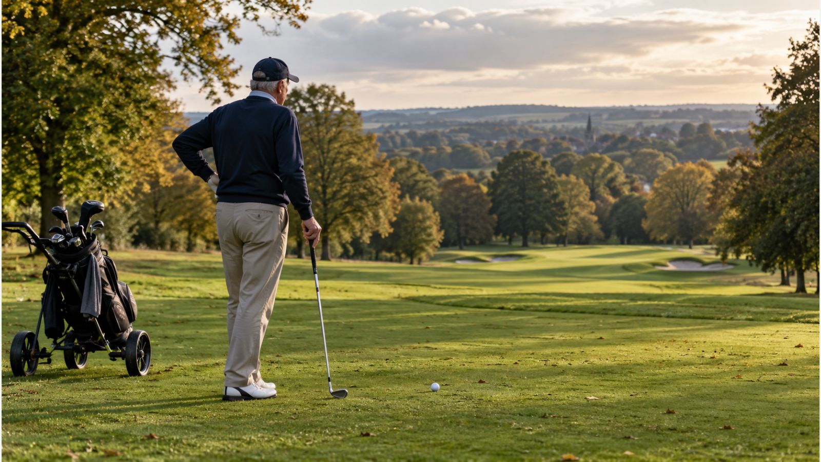 Older golfer pausing on the fairway late in a round on a UK golf course
