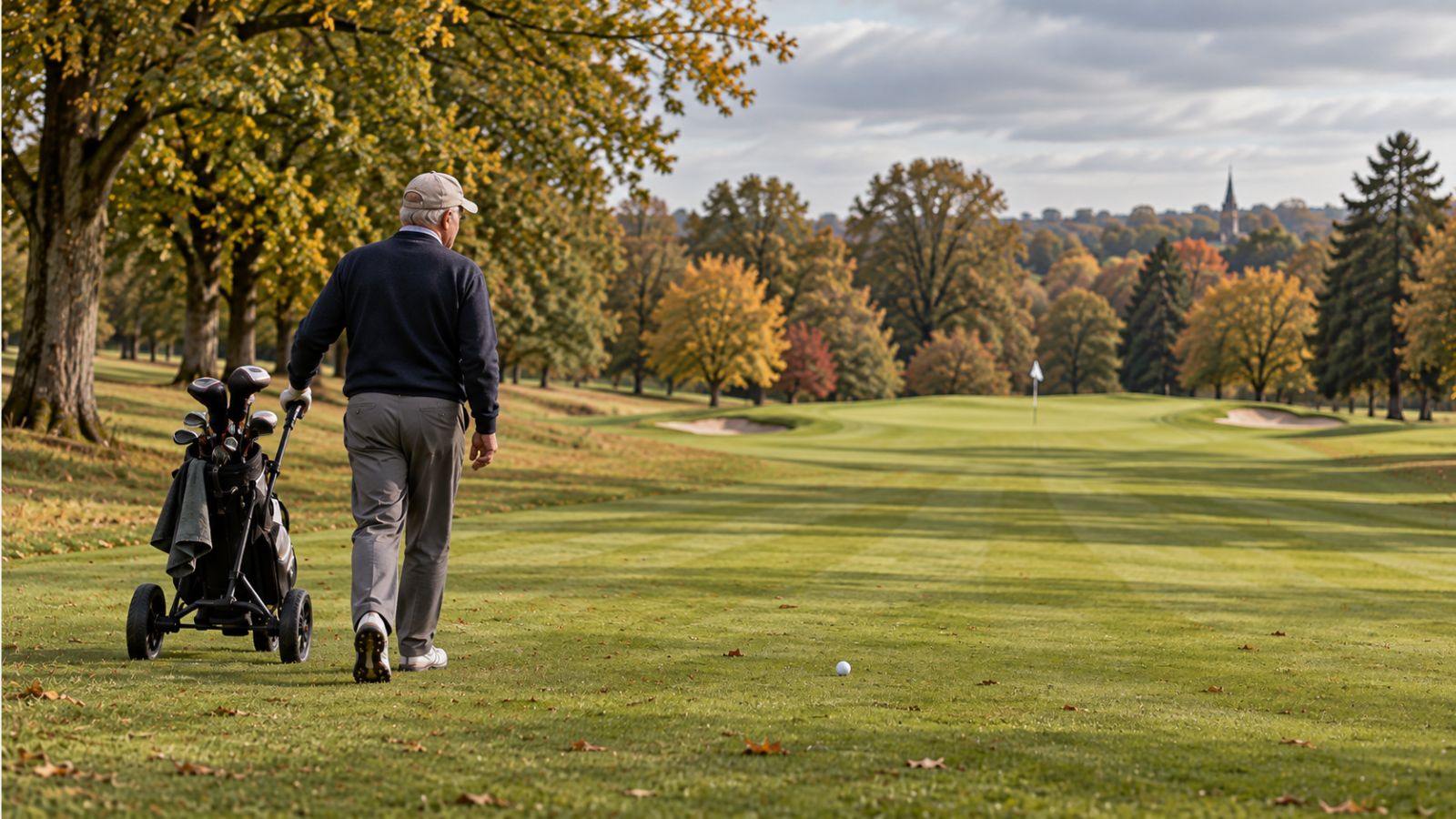Older golfer walking back onto the fairway after recovering from trouble on a UK golf course