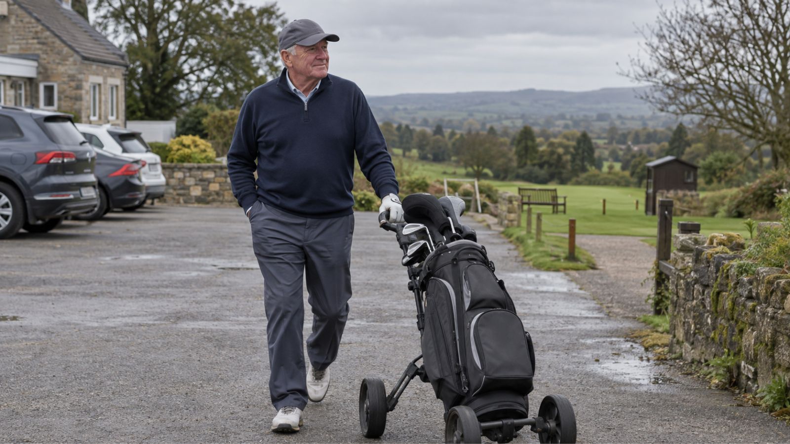 Older golfer walking towards the course with a golf trolley before his round.