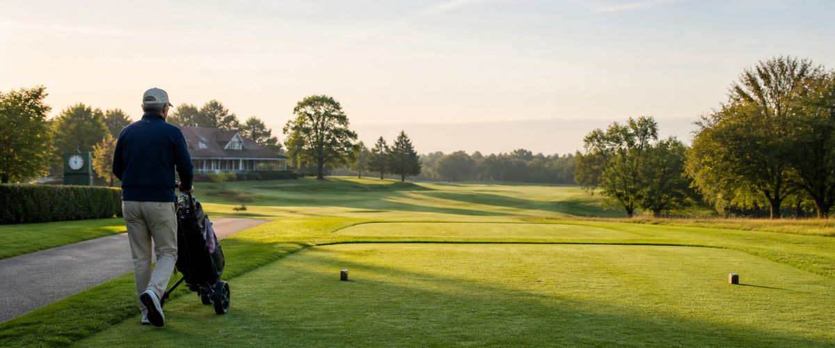Older golfer walking towards the first tee on a calm morning