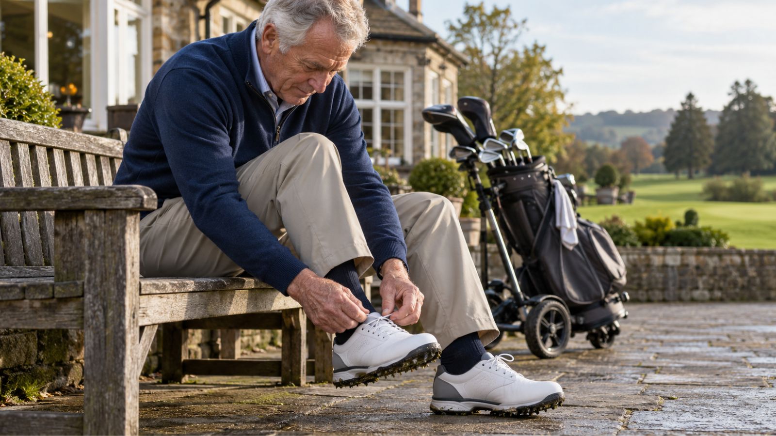 Older golfer tying comfortable golf shoes before a round