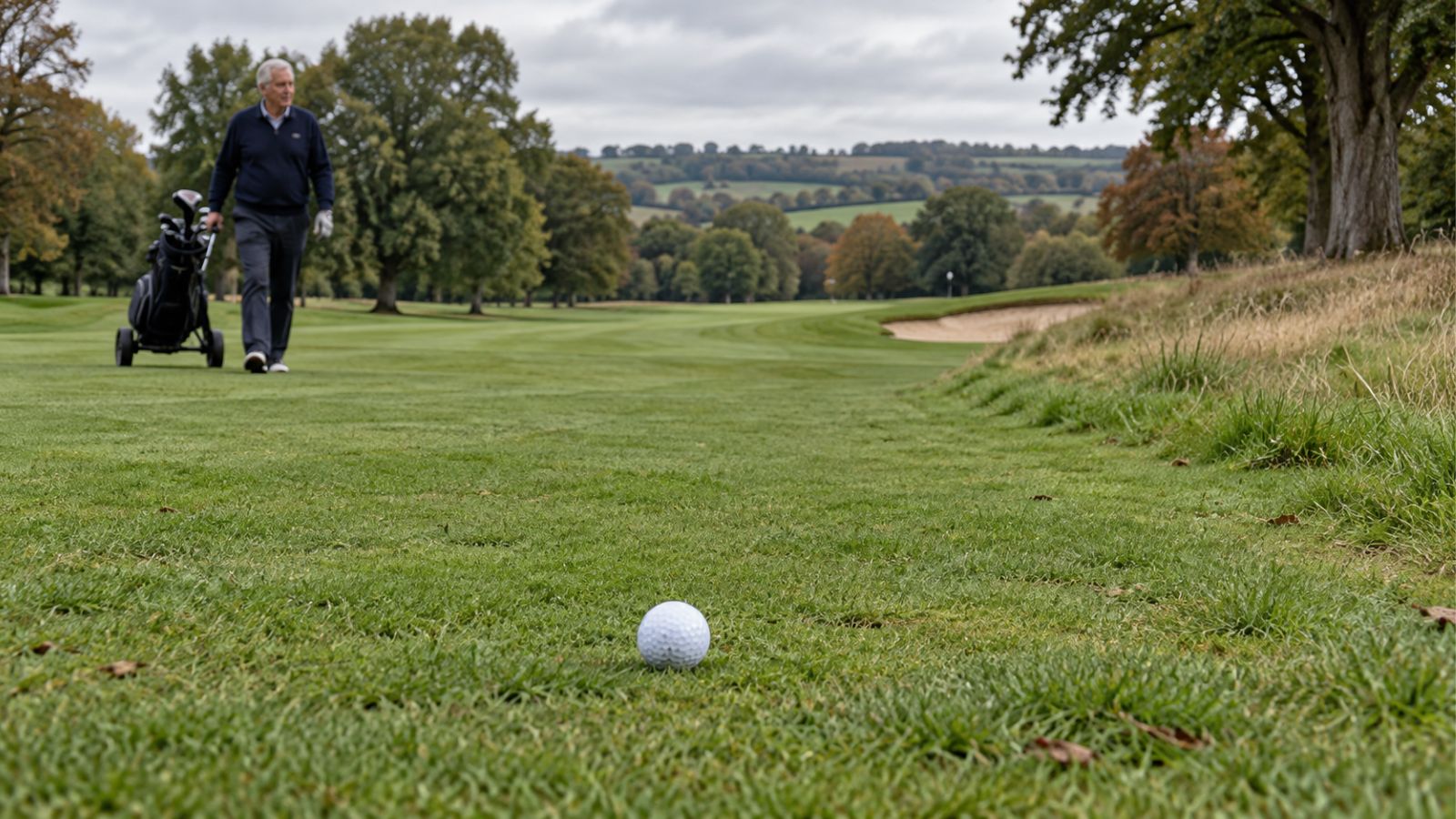 Golf ball resting on a UK fairway in a good position with trouble further off line