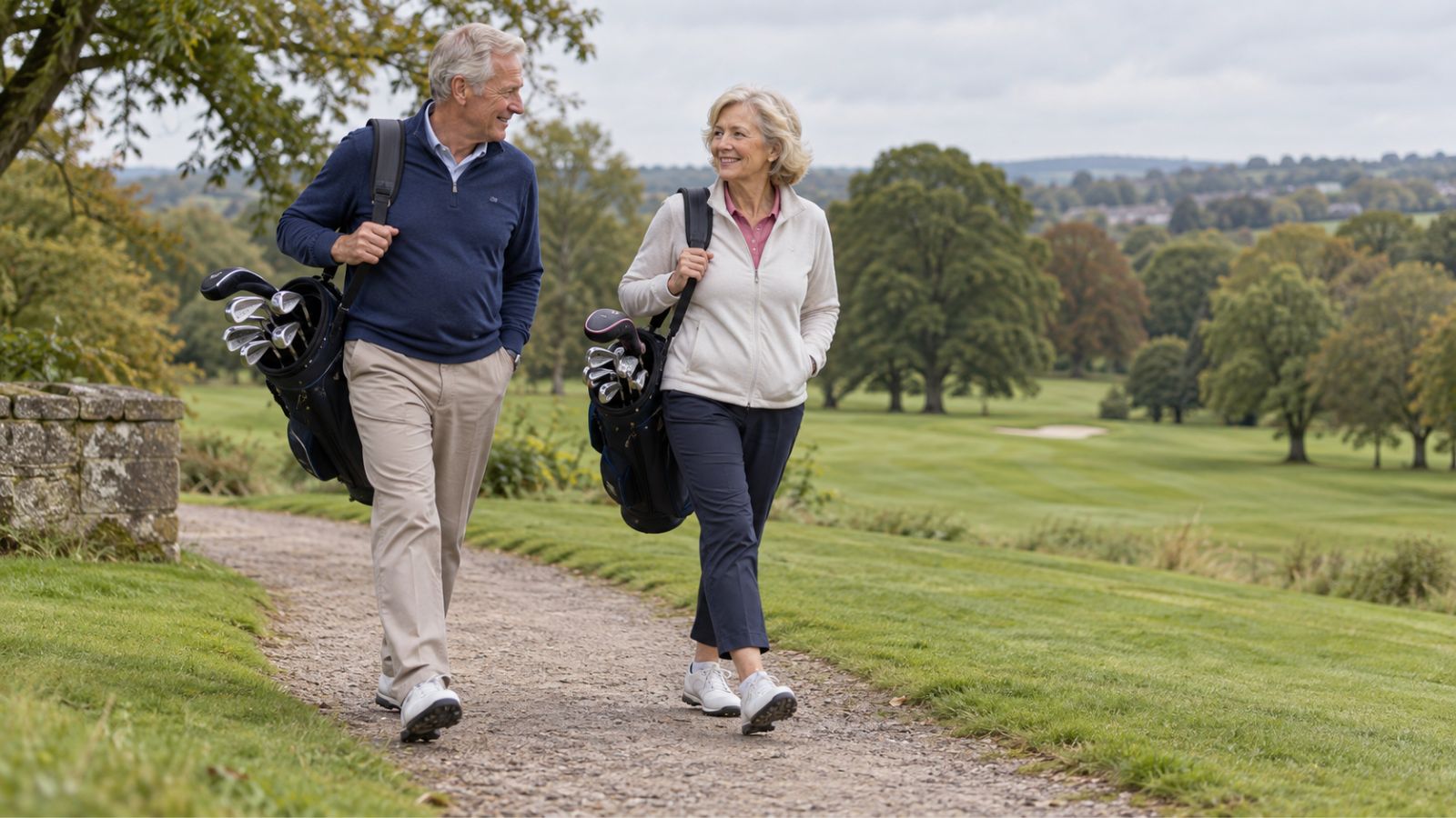 Older male and female golfers walking together on a British golf course