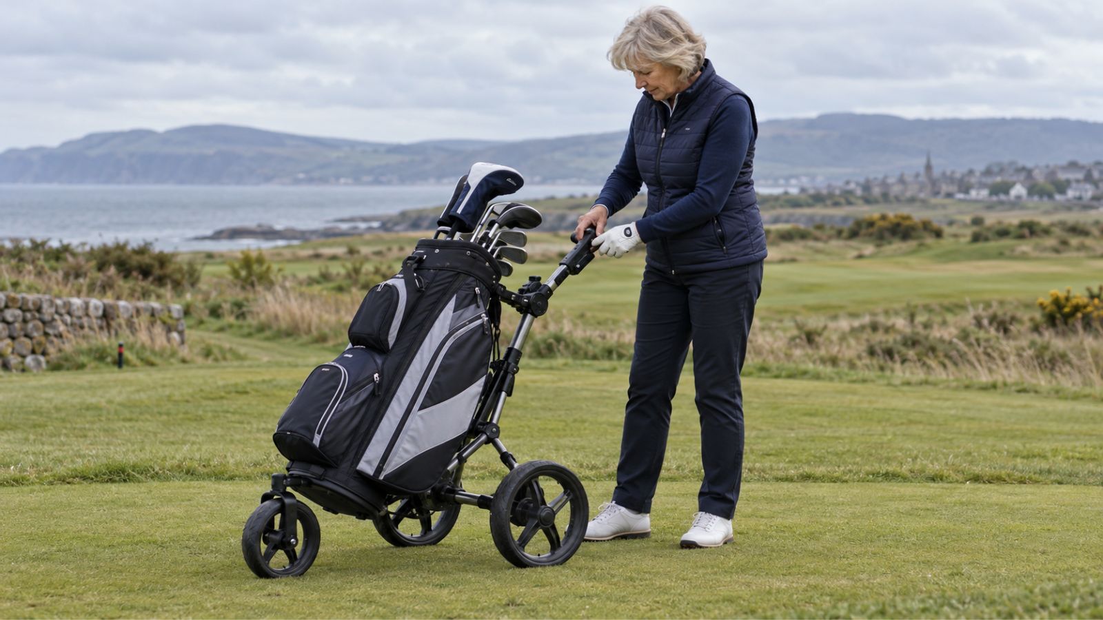 Older female golfer adjusting the handle of a three-wheel golf trolley
