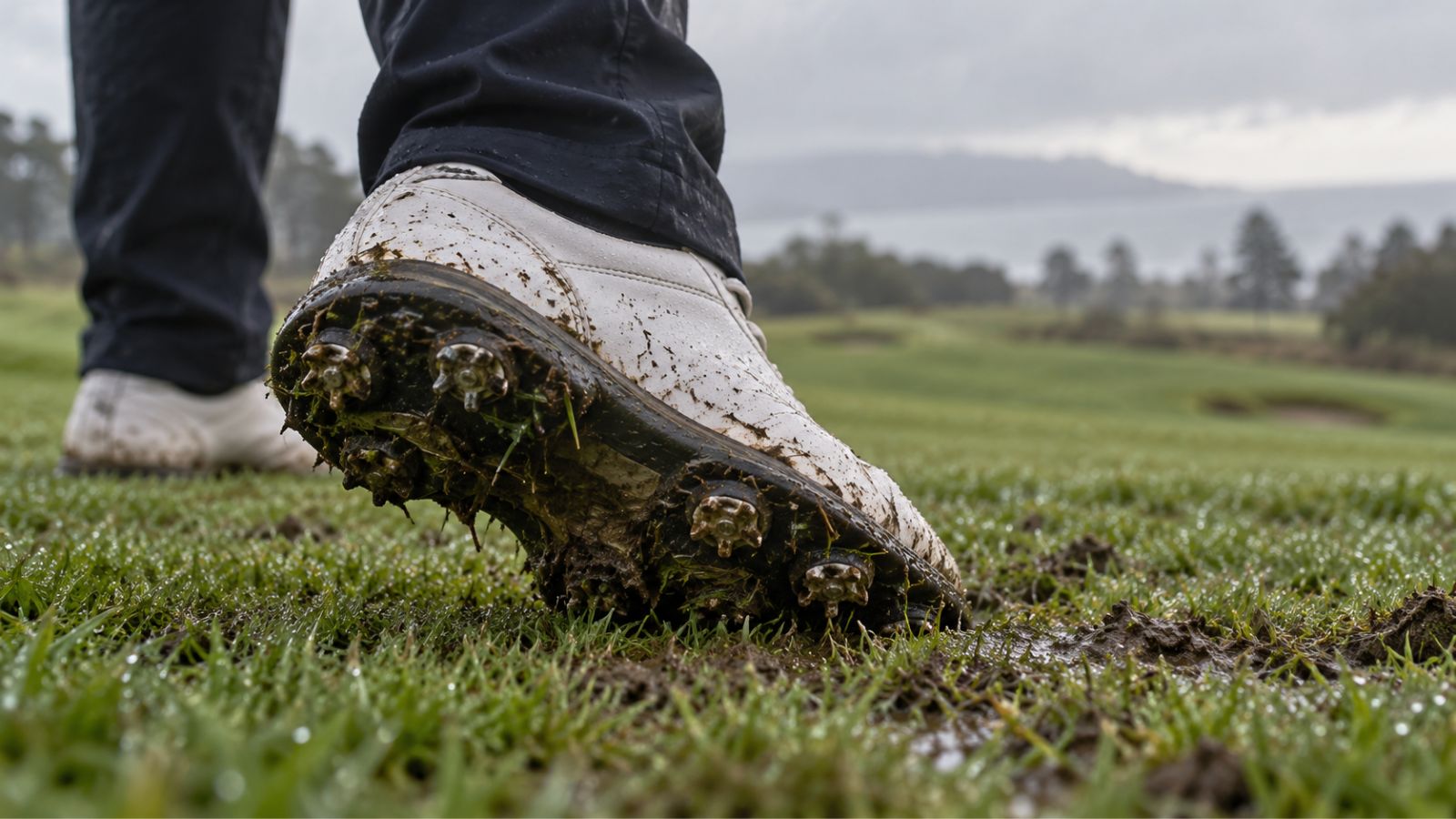 Golf shoe sole gripping damp grass on a golf course