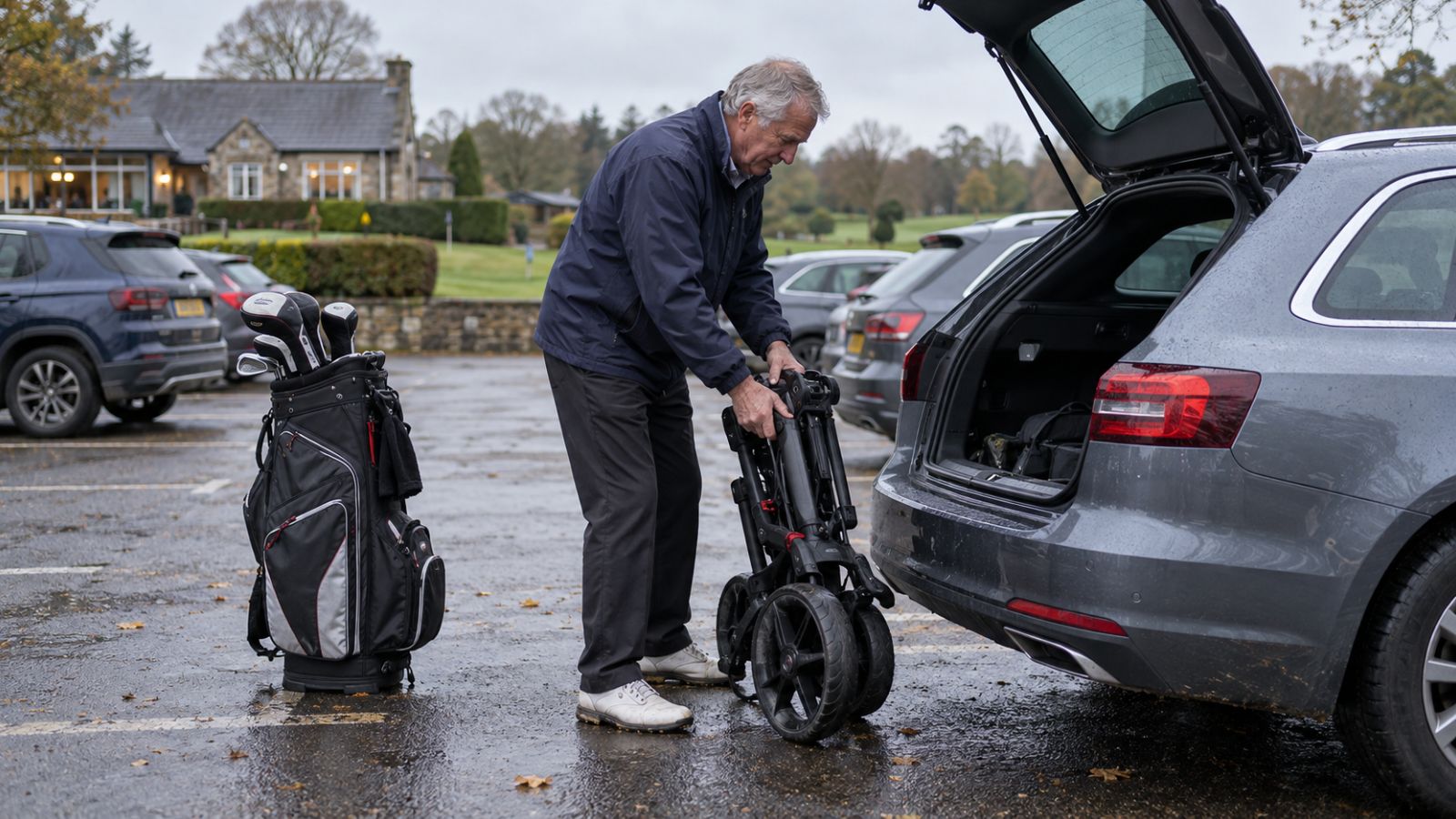 Older male golfer folding an electric golf trolley beside a car after a round