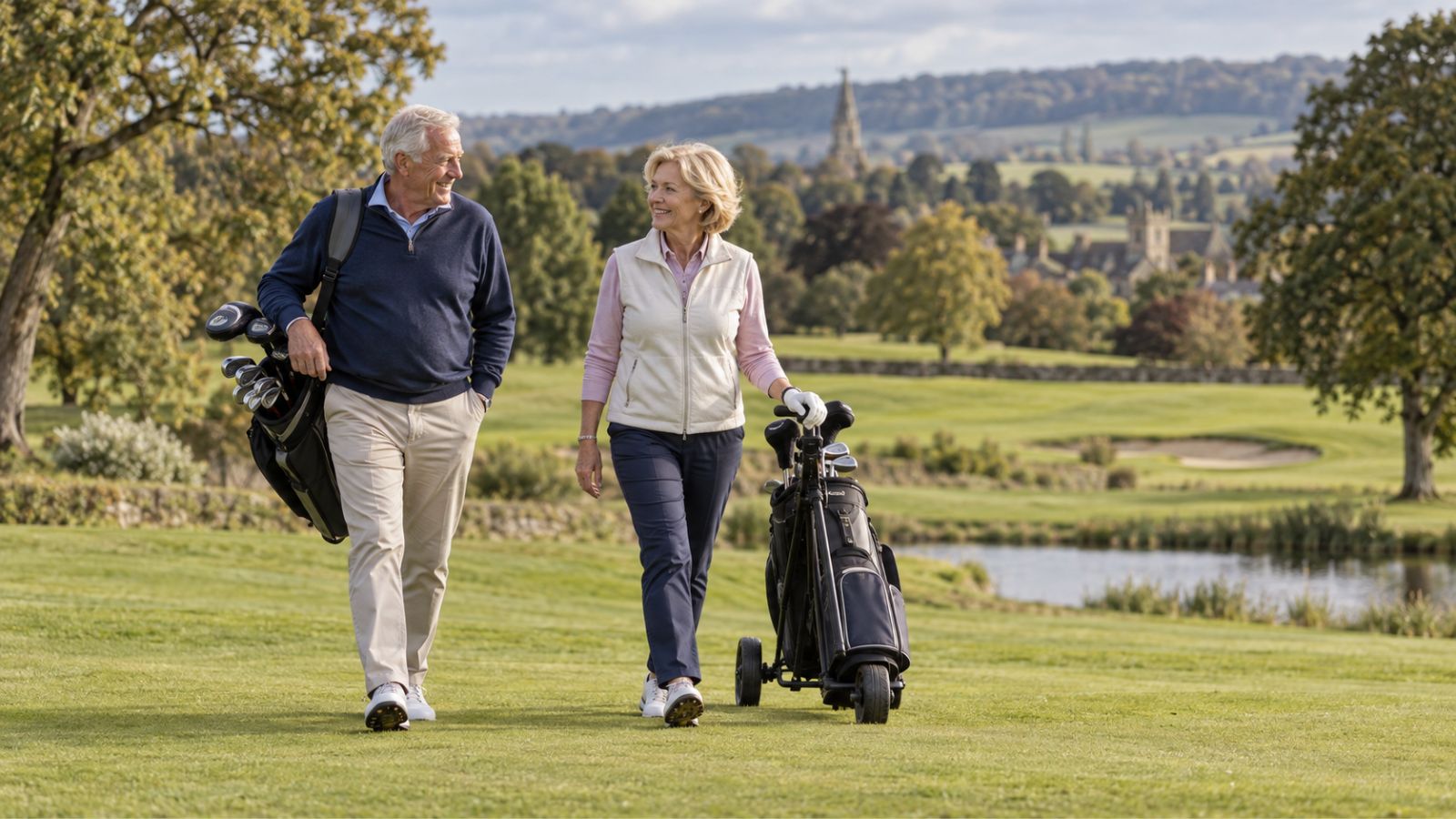 Older male and female golfers walking together on a golf course