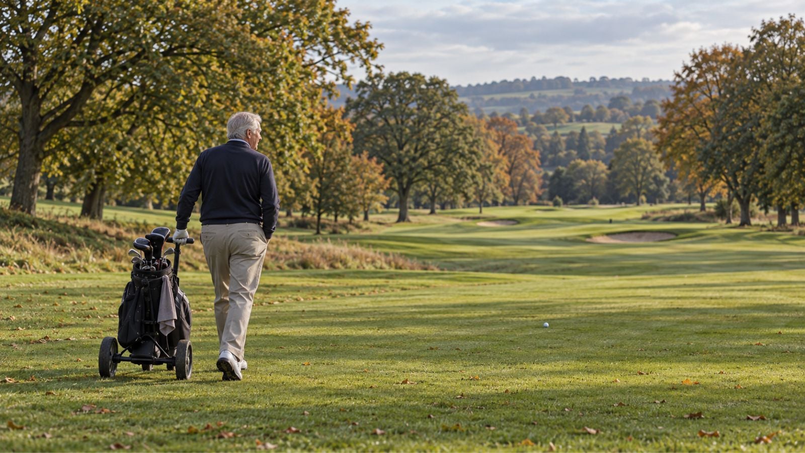 Older golfer walking down the fairway after settling back into the round