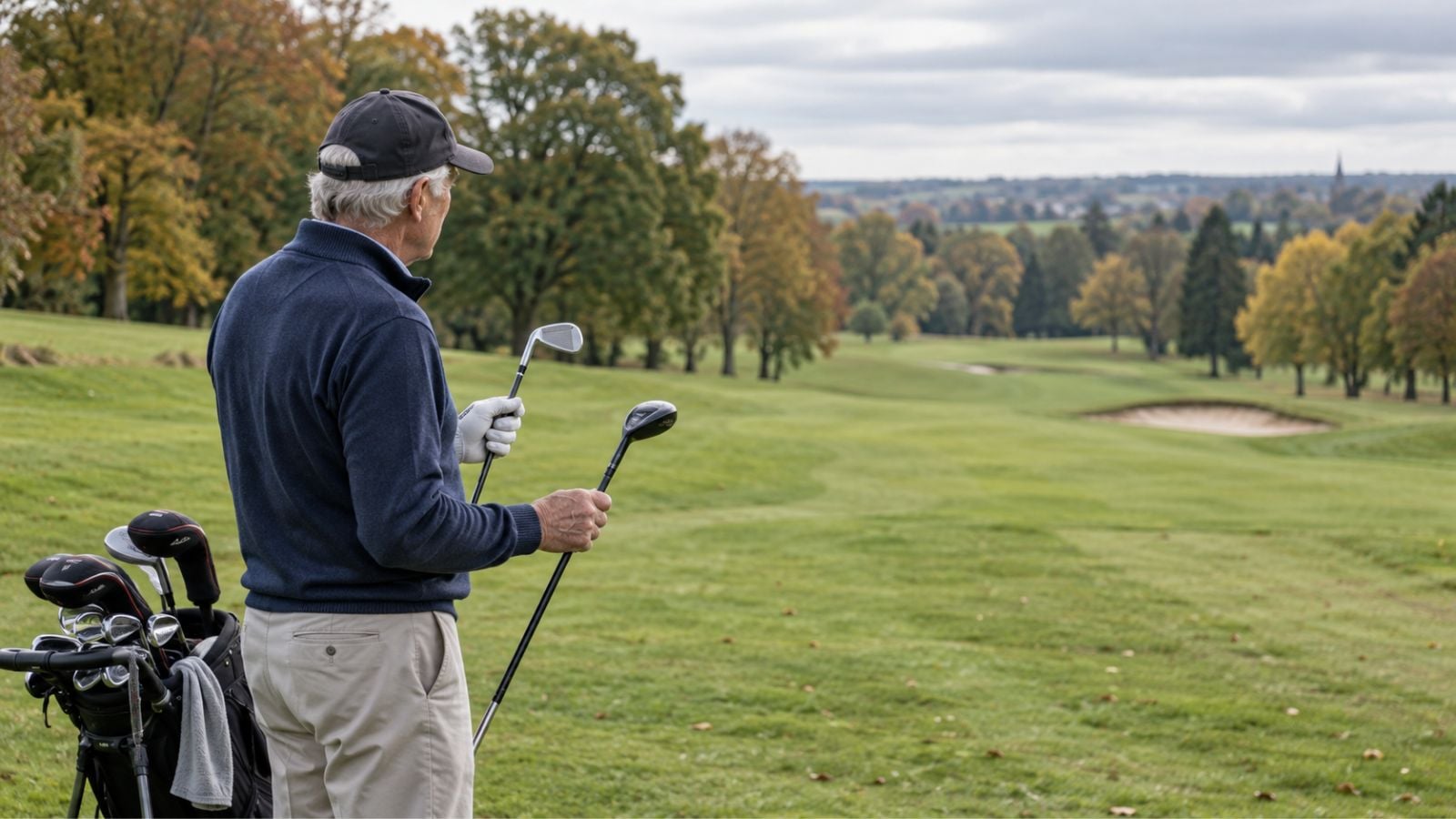 Older golfer choosing between clubs beside a trolley on a UK golf course
