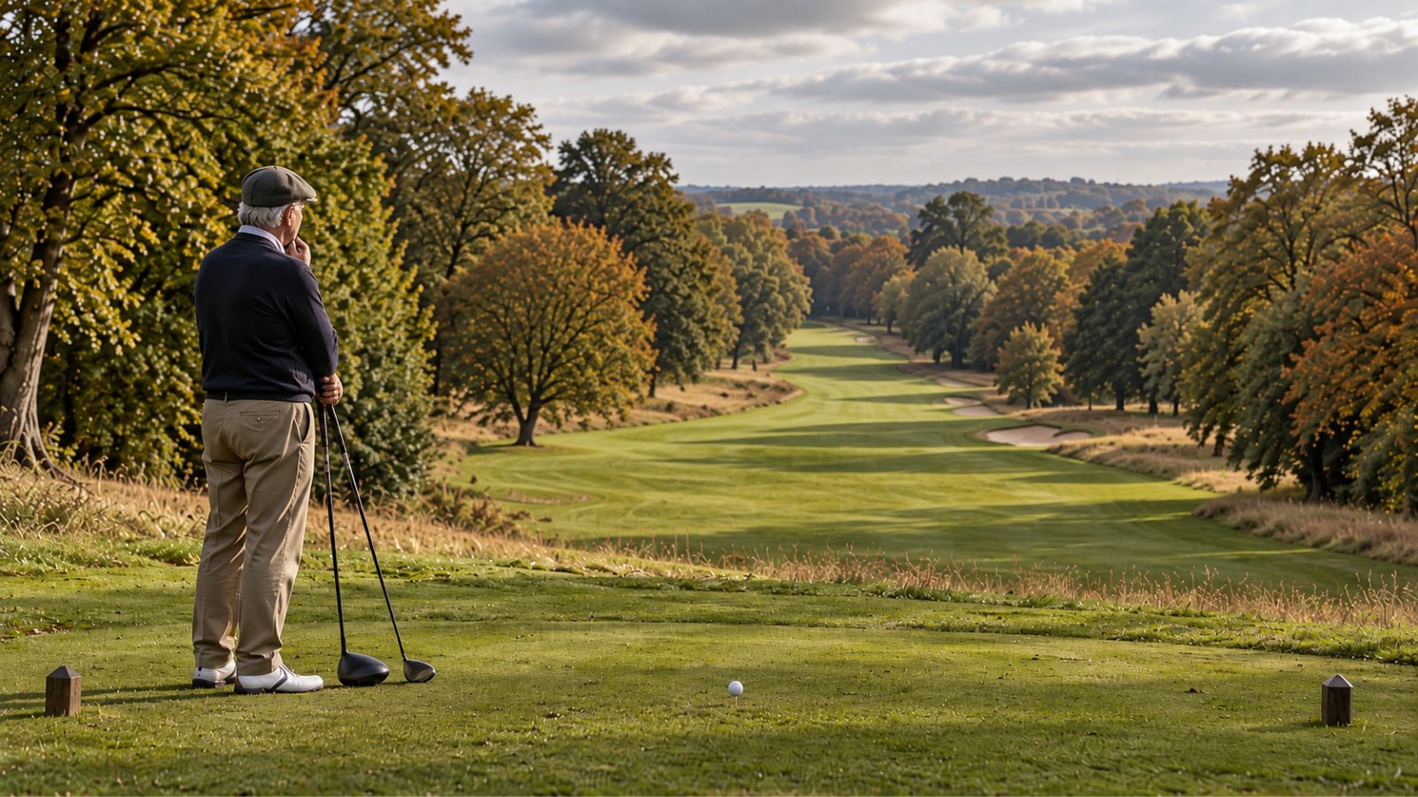 Older golfer considering club choice on a UK hole where the fairway narrows