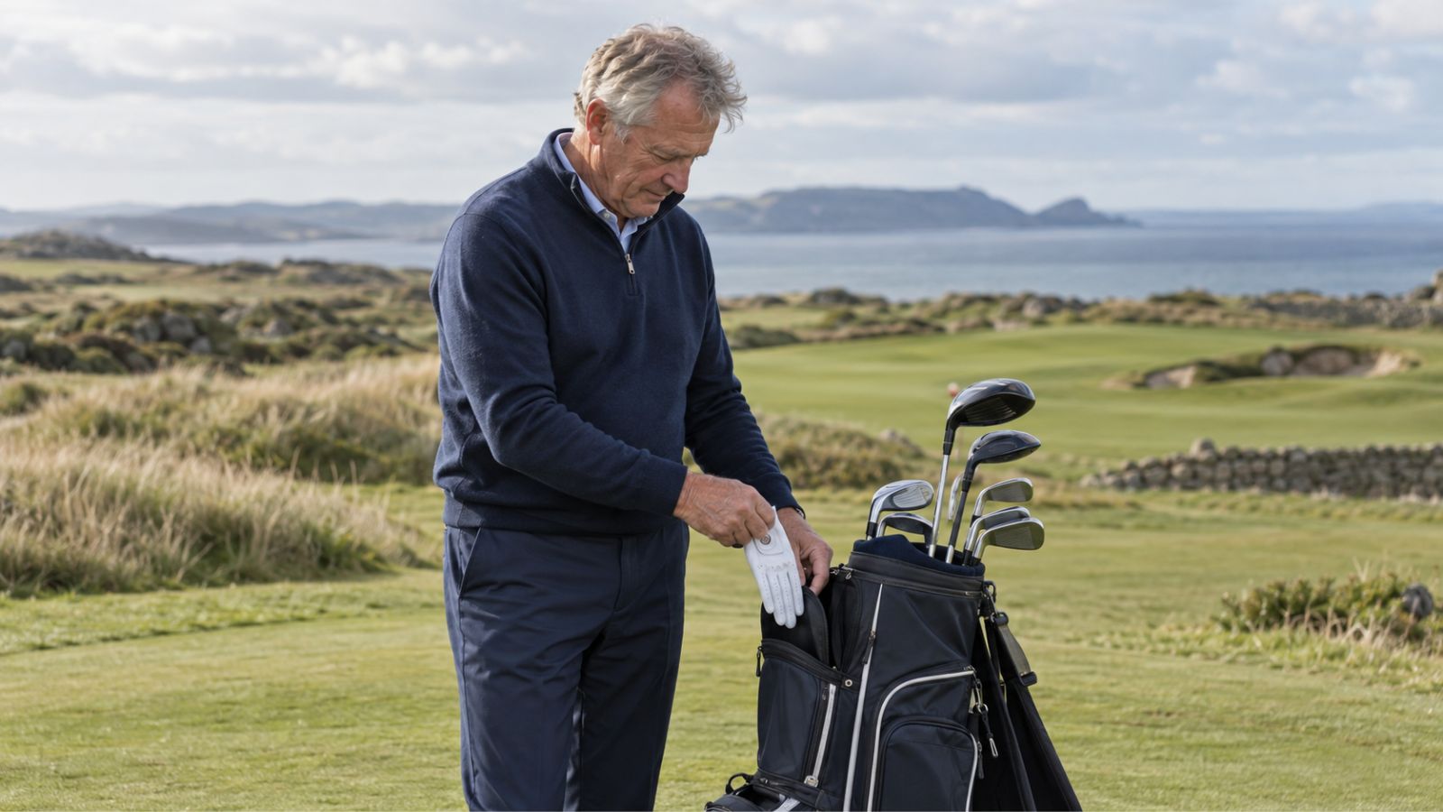 Older male golfer putting a dry spare golf glove into a golf bag