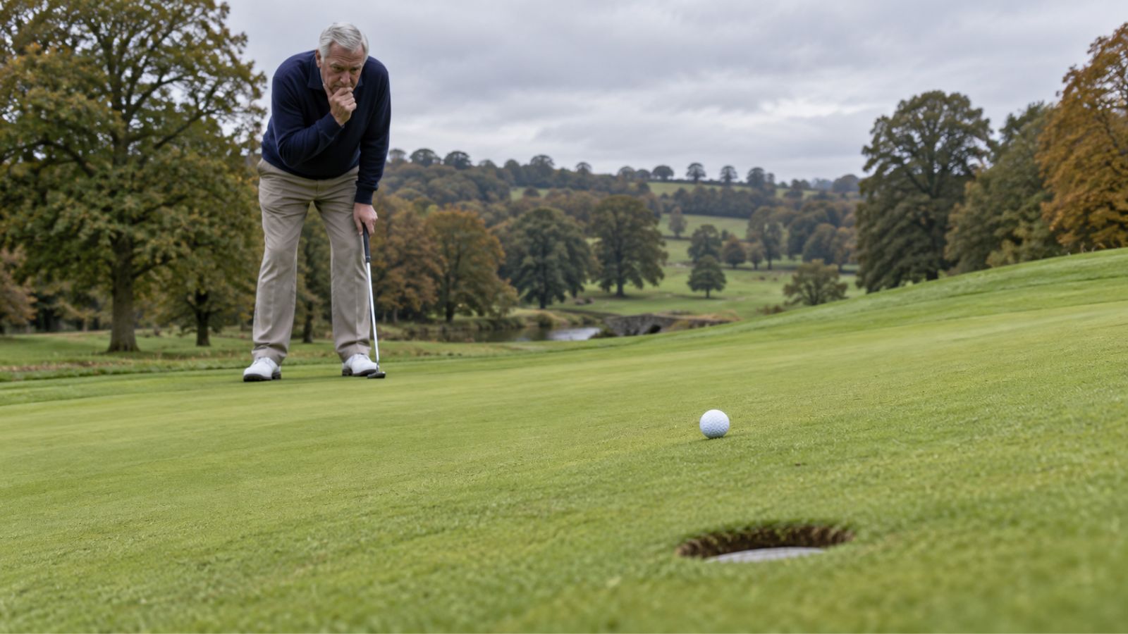 Older golfer studying the line of a putt on a sloping quick green