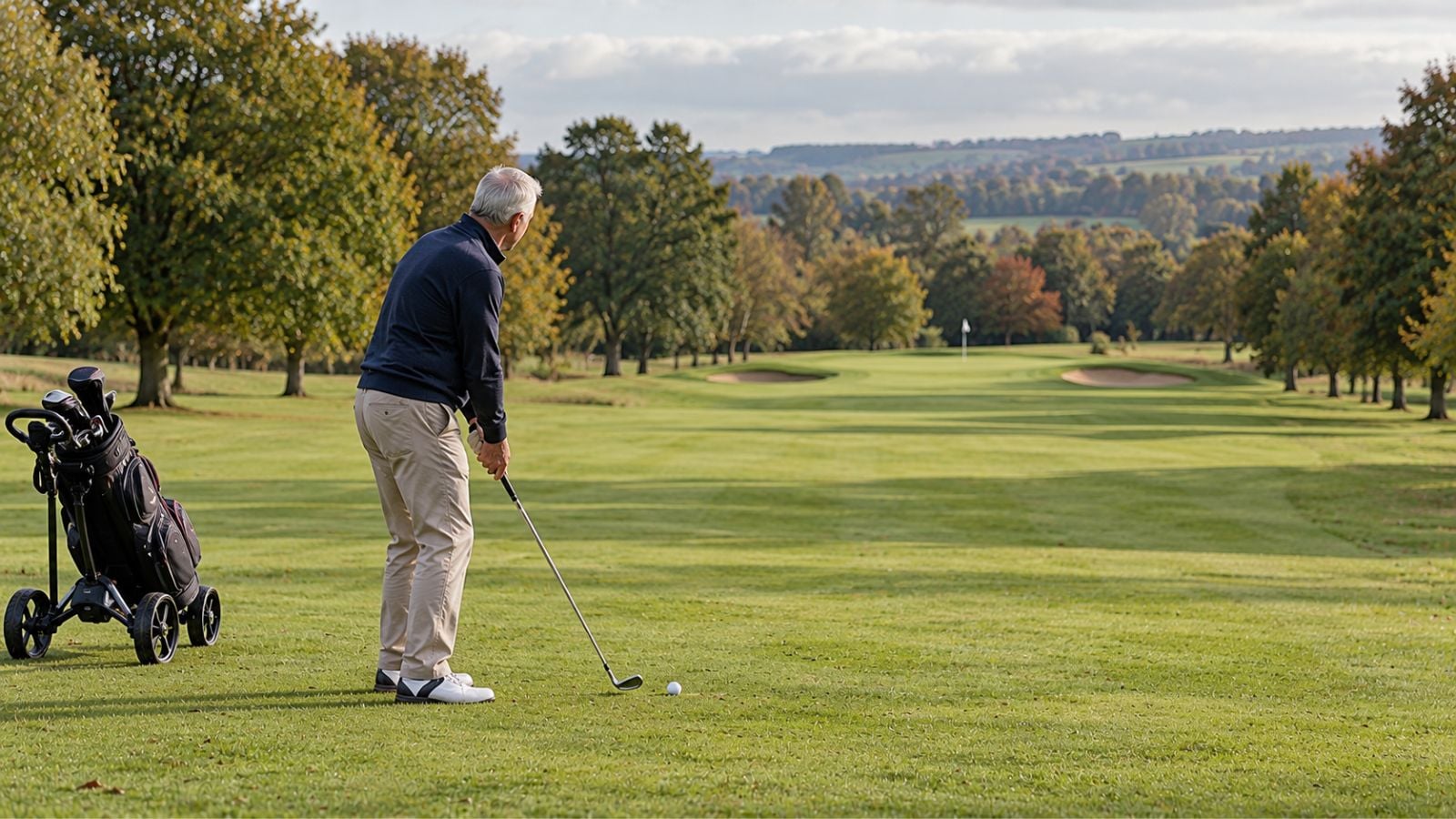 Older golfer in the fairway preparing for an approach shot on a UK golf course.