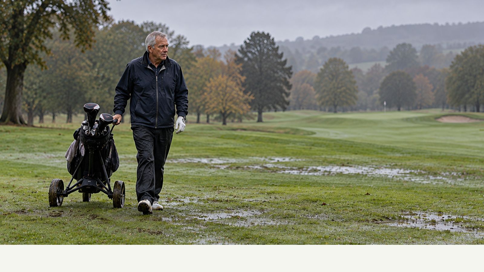 Older golfer walking with a trolley across a wet heavy UK golf course