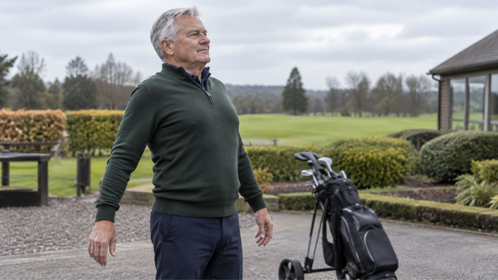 Older golfer doing gentle shoulder rolls before a round of golf.