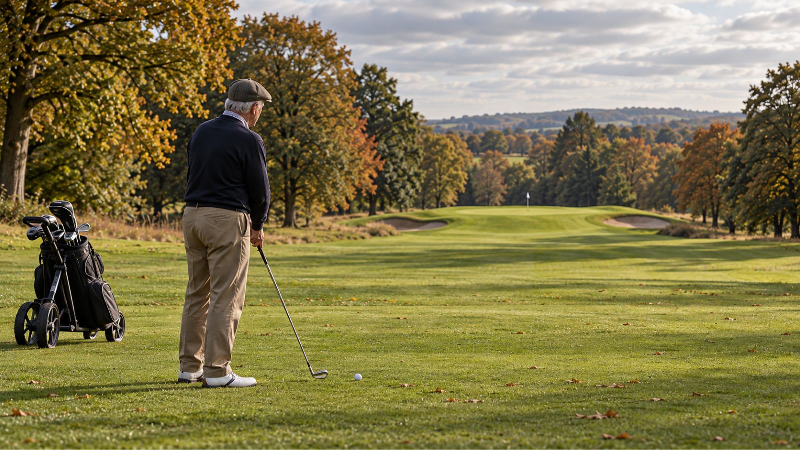 Older golfer beside a ball in a good fairway position after choosing less club from the tee