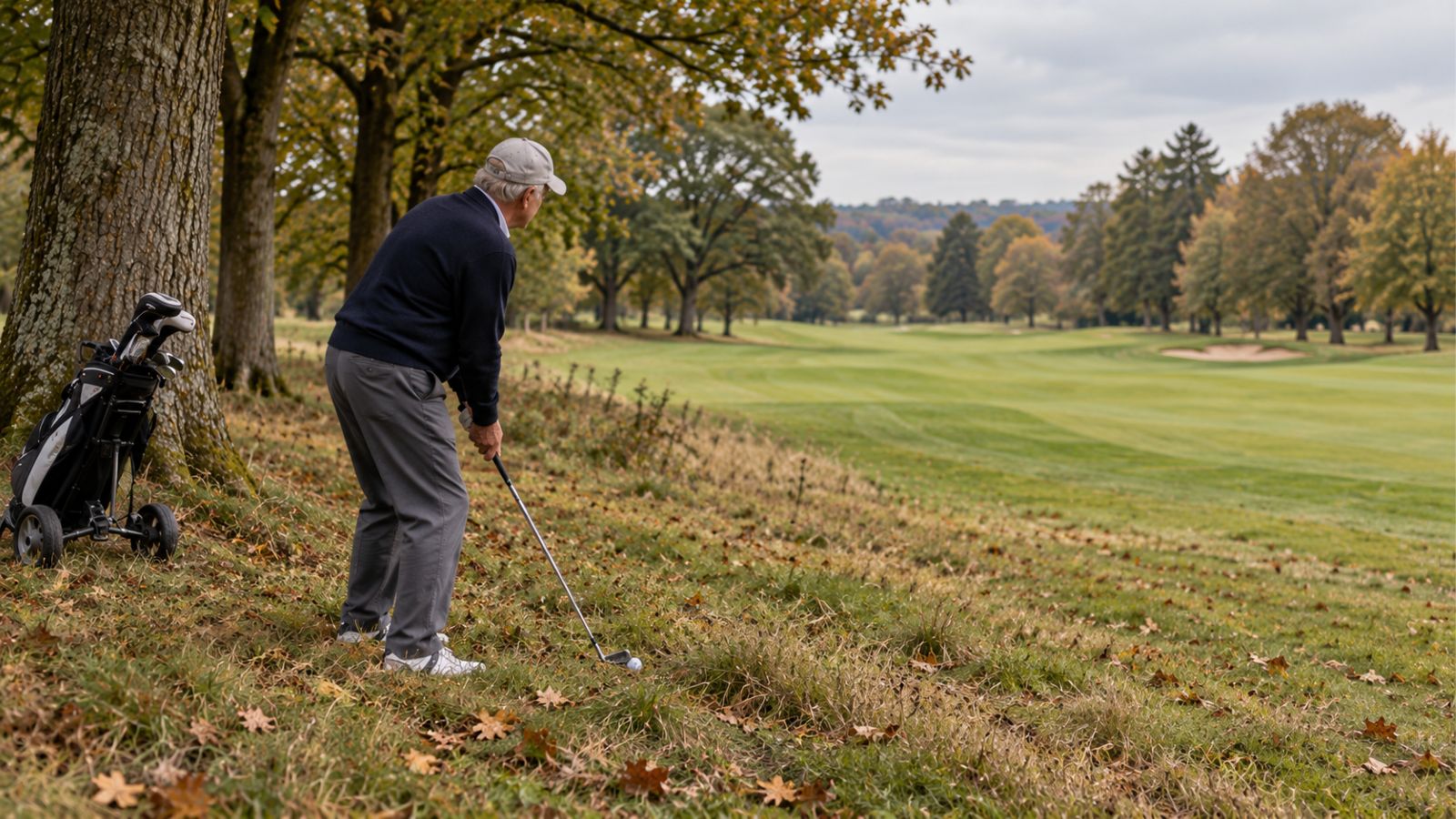 Older golfer playing a simple recovery shot back towards the fairway on a UK golf course