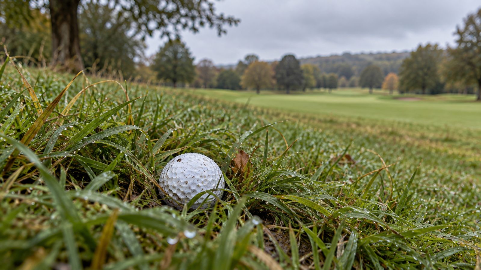 Golf ball sitting deep in wet heavy rough with damp grass around it