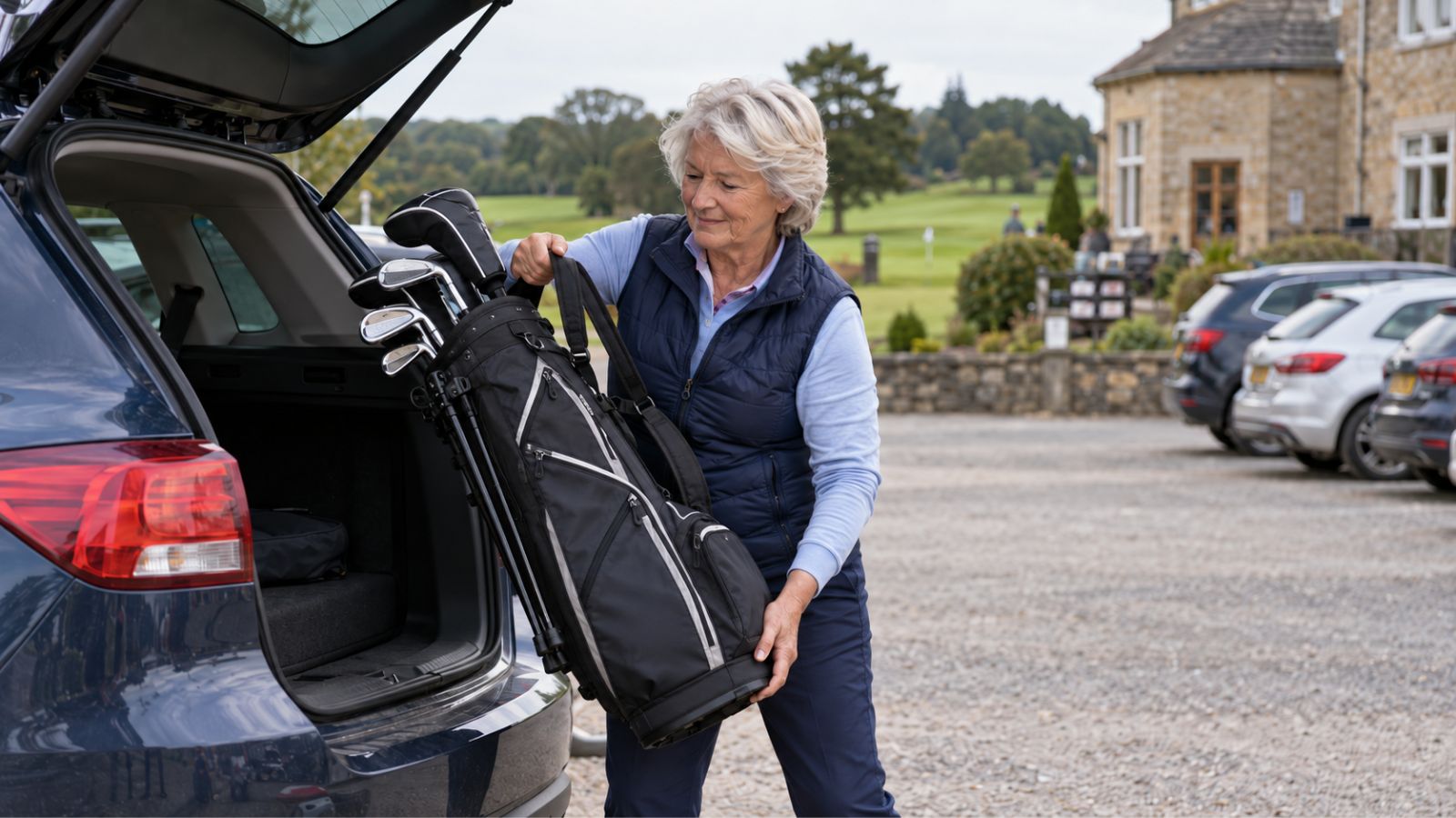 Older female golfer lifting a lightweight stand bag from a car boot